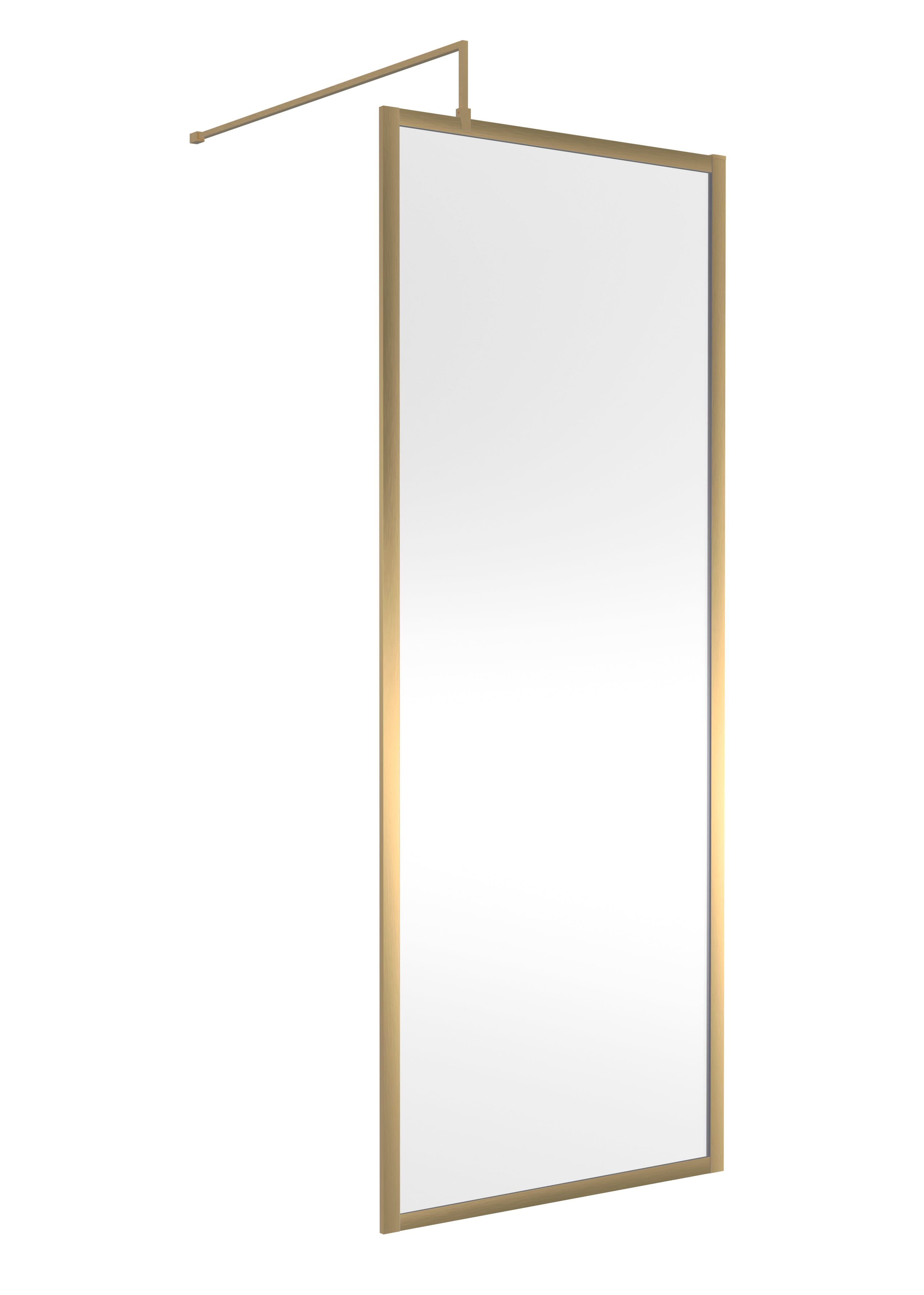 Hudson Reed Full Outer Frame Wetroom Screen, Toughened Glass with Support Bar & Wetroom Shower Screen in Brushed Brass, 1950x800mm