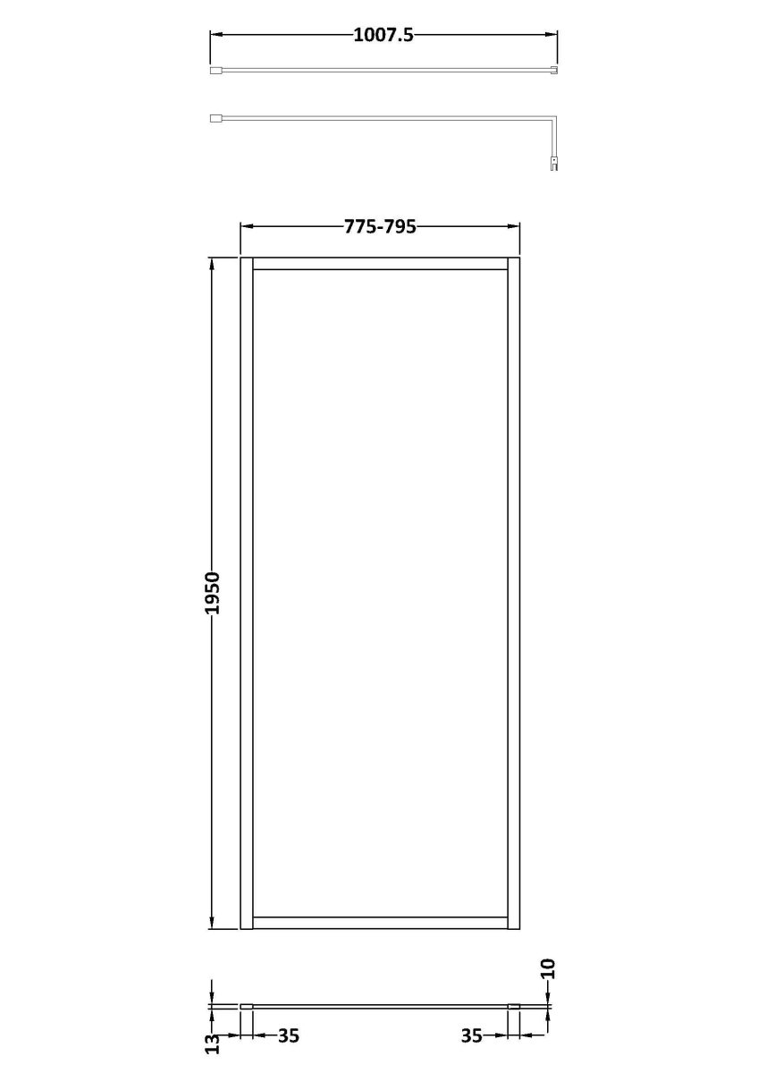 Hudson Reed Full Outer Frame Wetroom Screen, Toughened Glass with Support Bar & Wetroom Shower Screen in Brushed Brass, 1950x800mm