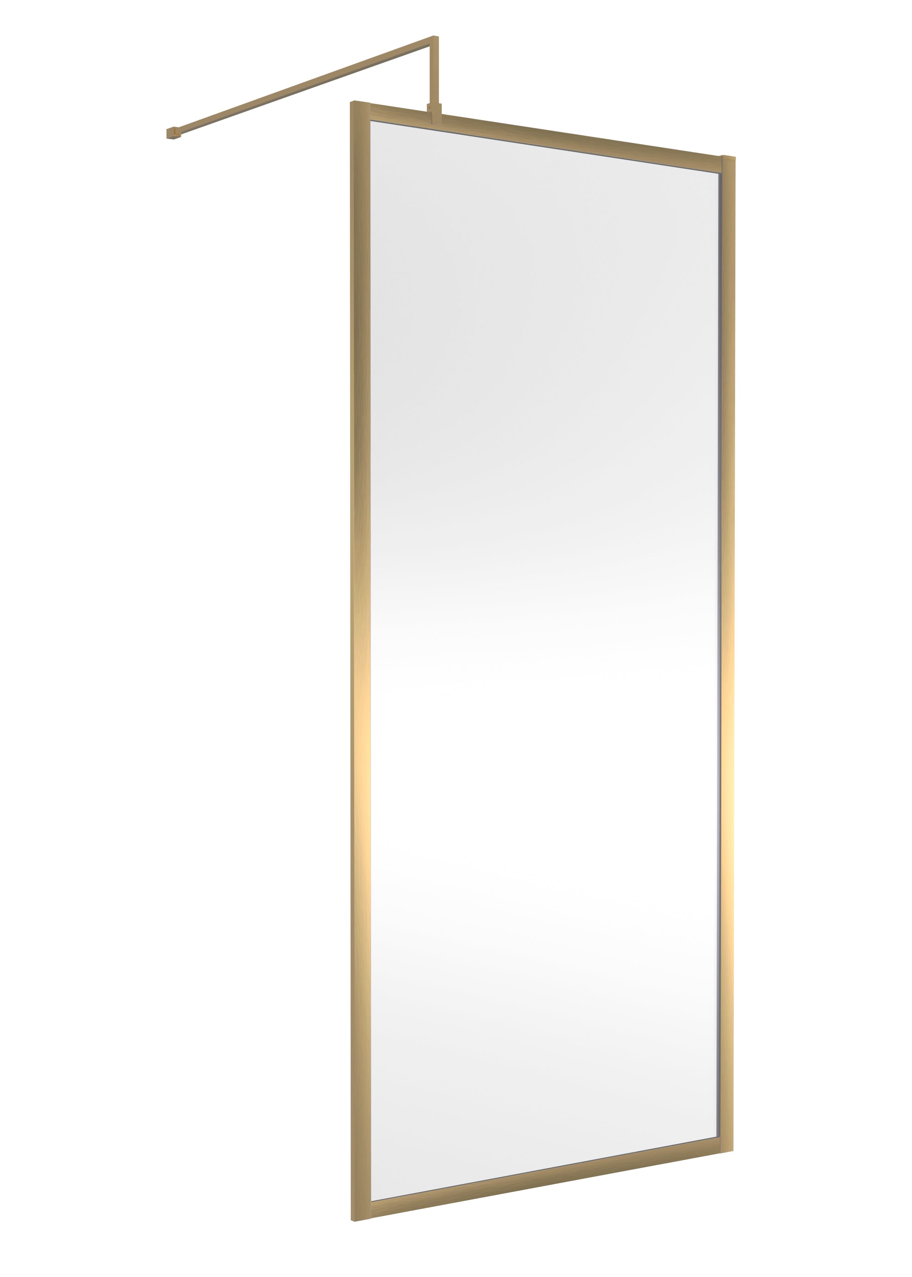Hudson Reed Full Outer Frame Wetroom Screen, Toughened Glass with Support Bar & Wetroom Shower Screen in Brushed Brass, 1950x900mm