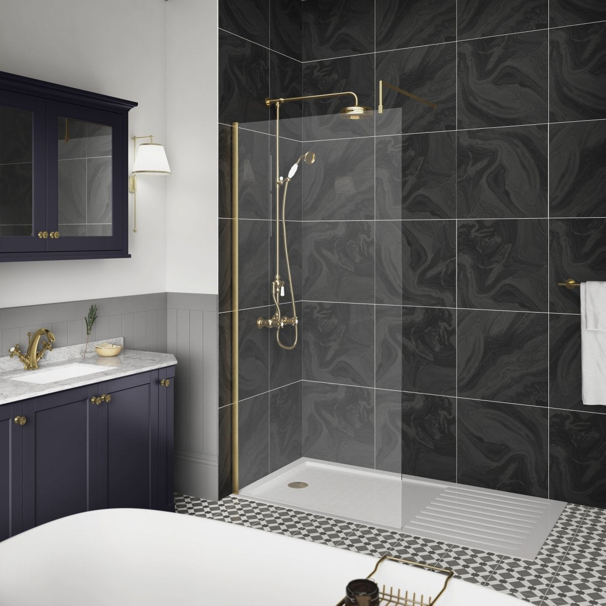 Hudson Reed Wetroom Screen & Support Bar, Durable Toughened Glass Wet Room Glass Panels Wetroom Shower Screen in Brushed Brass, 700mm