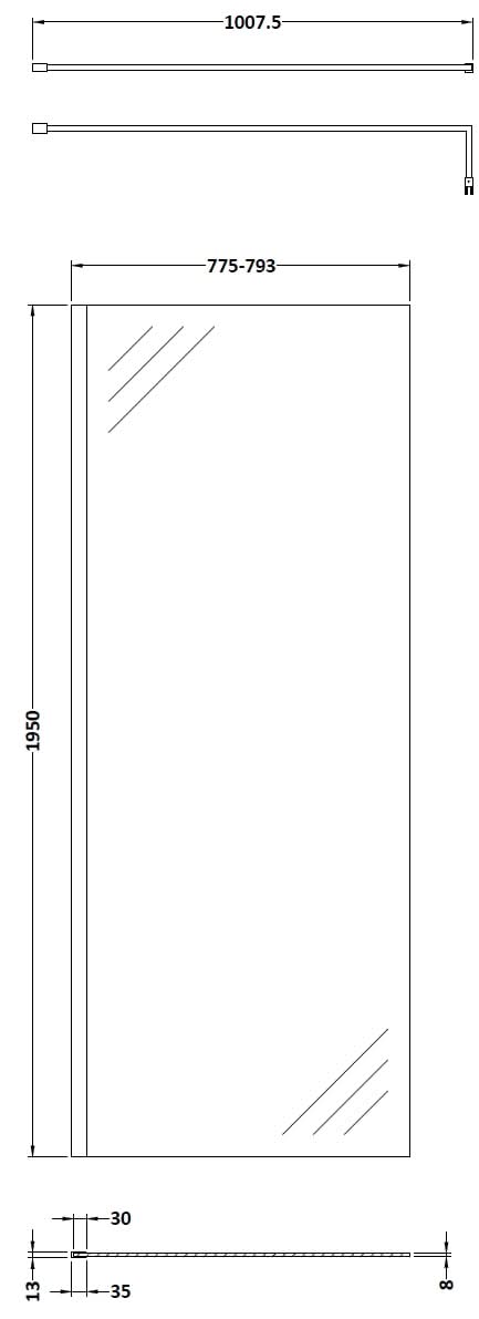Hudson Reed Wetroom Screen & Support Bar, Durable Toughened Glass Wet Room Glass Panels Wetroom Shower Screen in Brushed Brass, 800mm