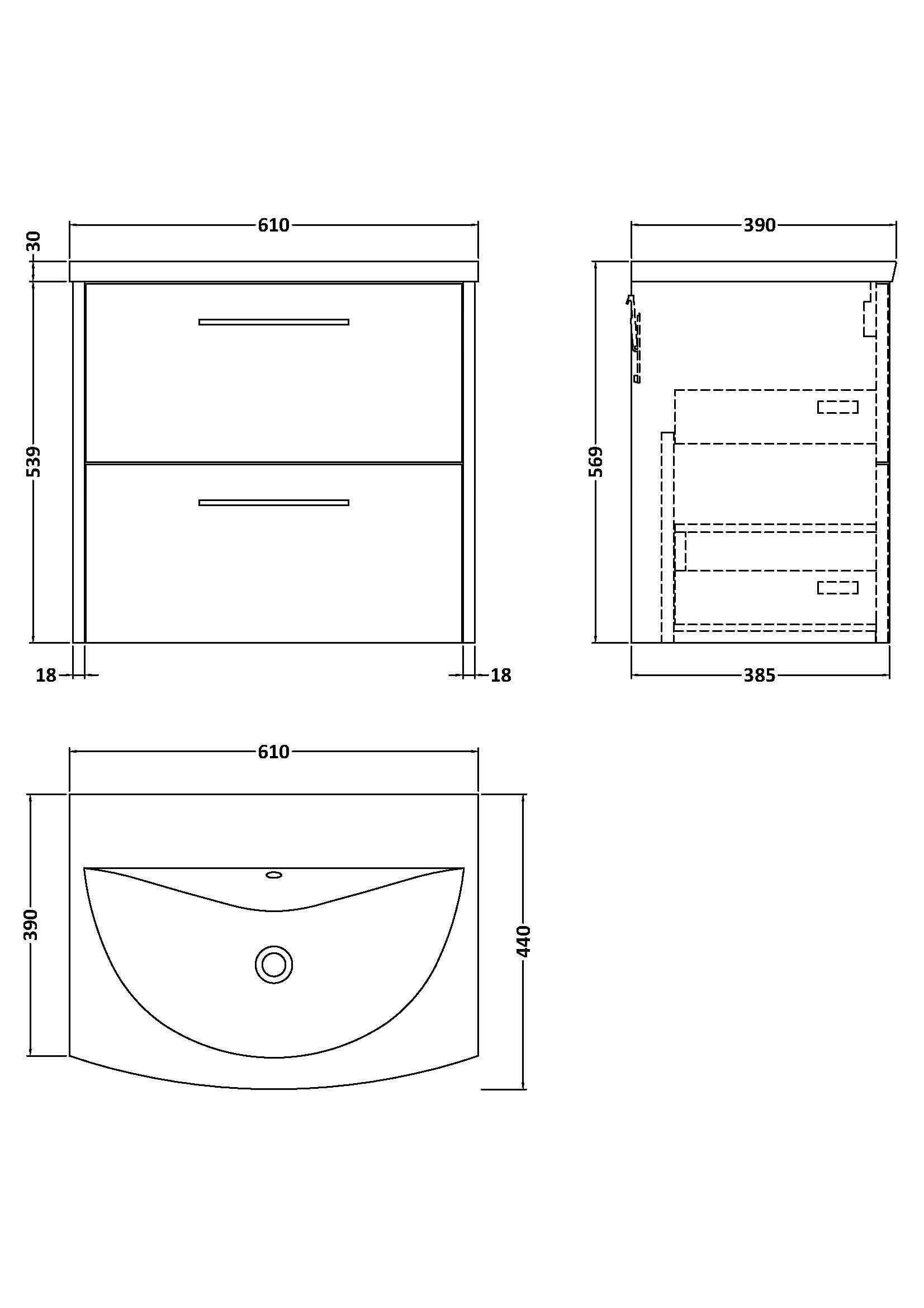 Hudson Reed Juno Wall Hung 2-Drawer Vanity and Curved 1 Tap Hole Basin, Timeless Sink Vanity Unit, Coastal Grey, 600mm