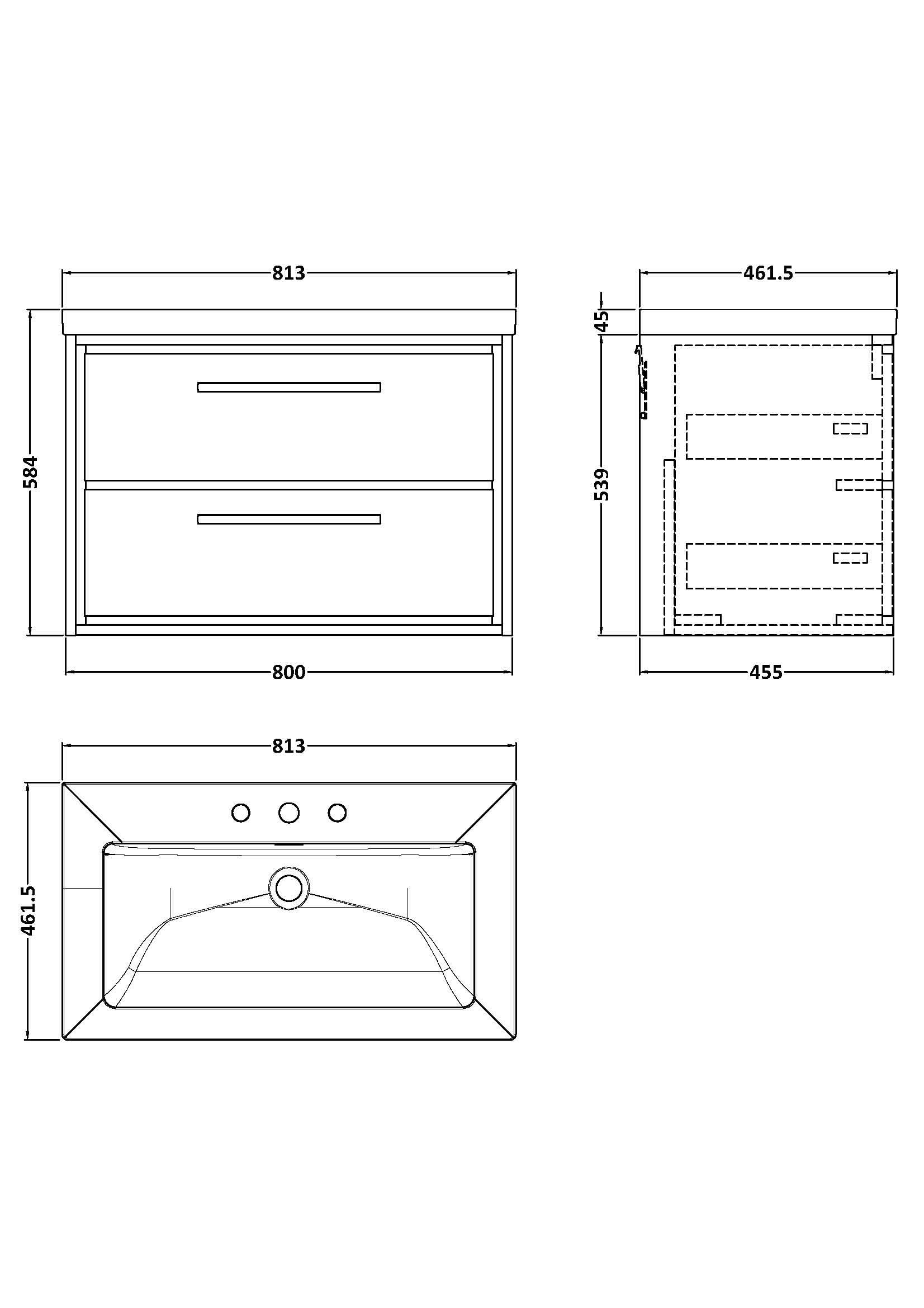 Hudson Reed Lille Wall Hung Vanity Unit with 3 Tap Hole Basin, Durable Bathroom Furniture, Double Drawer Bathroom Vanity Unit for Classic and Contemporary Spaces, 800mm