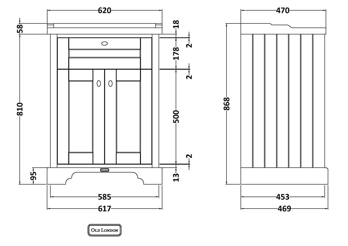 Old London Floor Standing 2 Door Vanity Unit with 3 Tap Hole Ceramic Basin, Bathroom Vanity Unit with Basin, Traditional Sink Vanity Unit in Storm Grey, 600mm