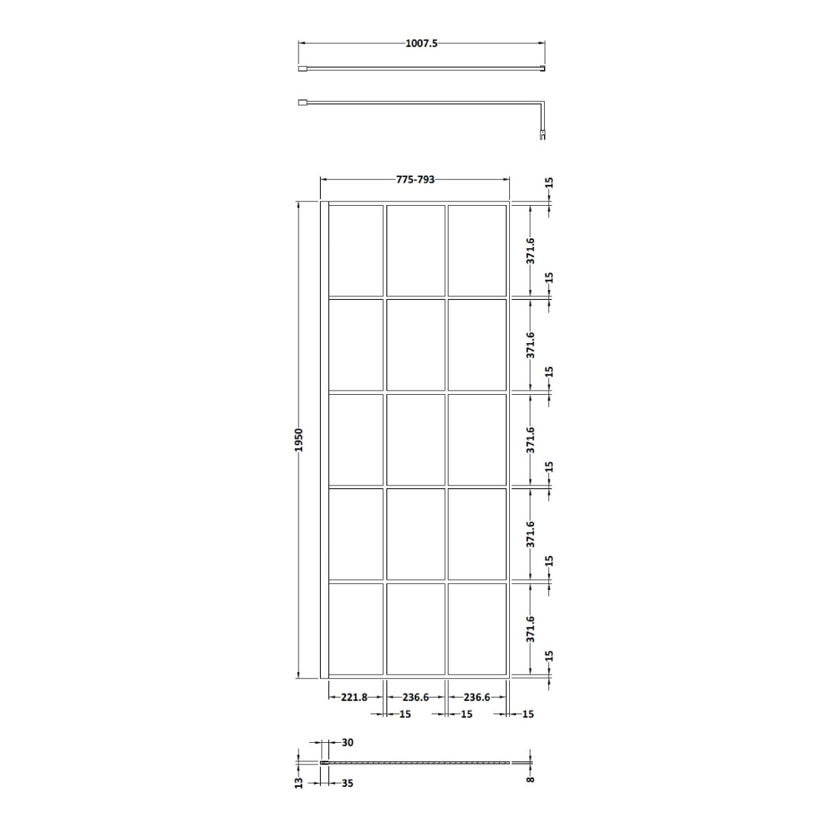 Hudson Reed Framed Wetroom Screen with Support Bar, Durable Toughened Glass Panels & Shower Screen Accessory in Matt Black, 800mm