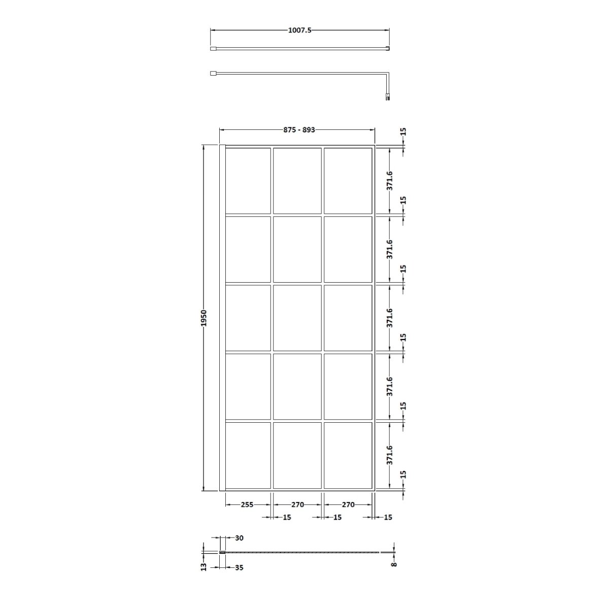 Hudson Reed Framed Wetroom Screen with Support Bar, Durable Toughened Glass Panels & Shower Screen Accessory in Matt Black, 900mm