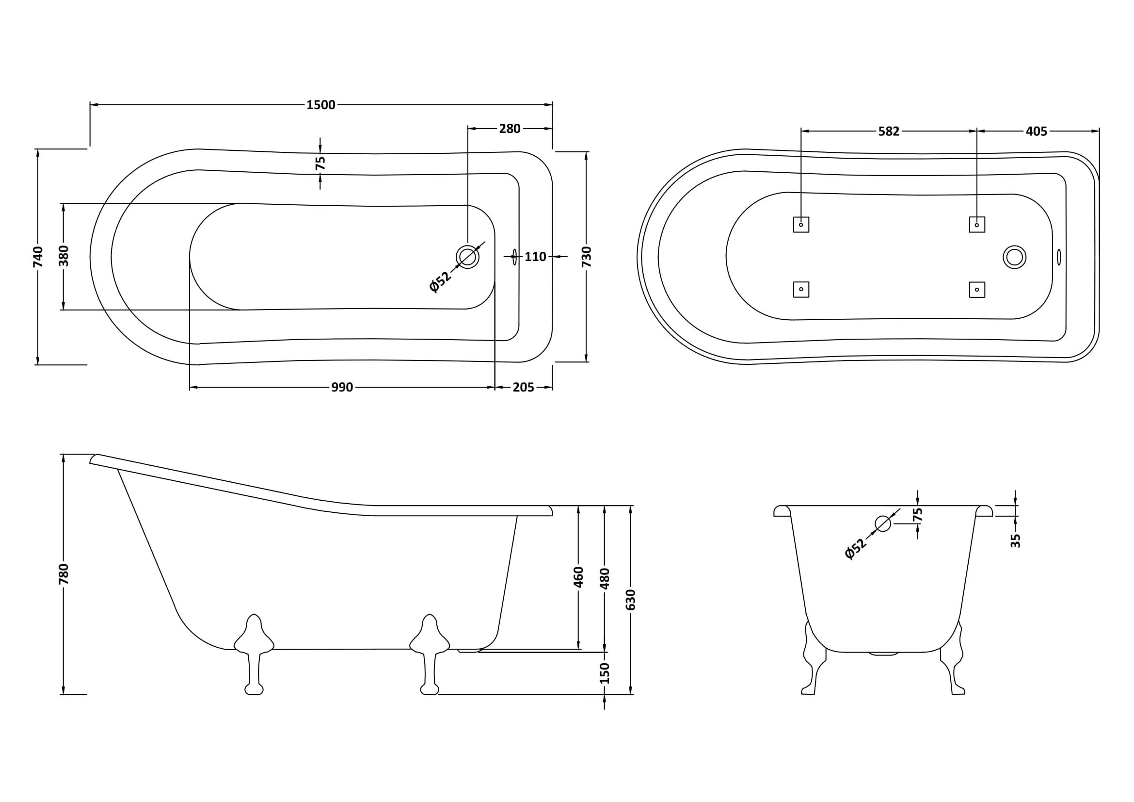 Old London Brockley Freestanding Bath Tub with Pride Leg Set, Durable Double Ended Traditional Bathroom Style in White, 1500mm