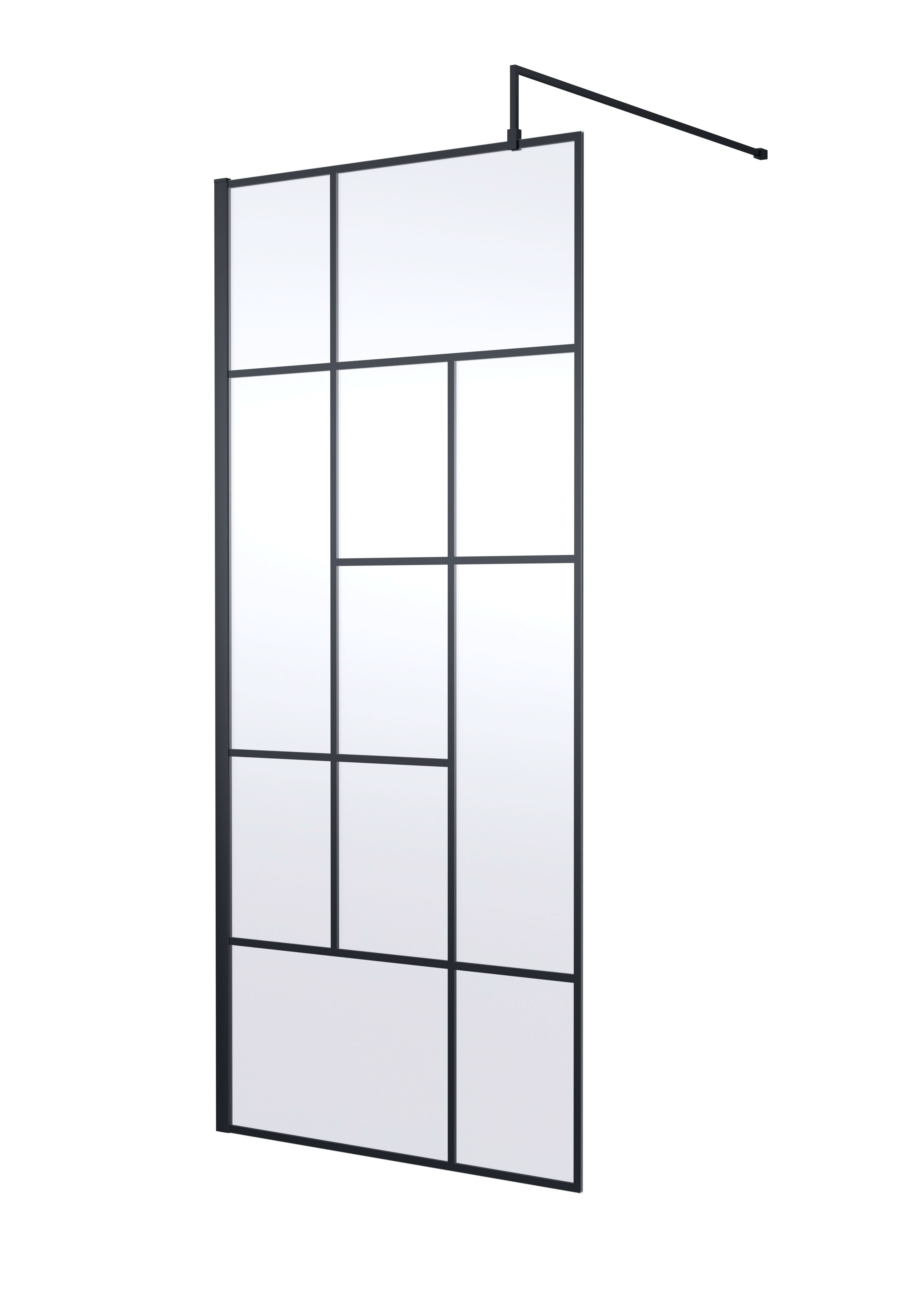 Hudson Reed Abstract Frame Wetroom Screen, Toughened Wet Room Glass Panels with Support Bar & Accessories in Matt Black, 900mm