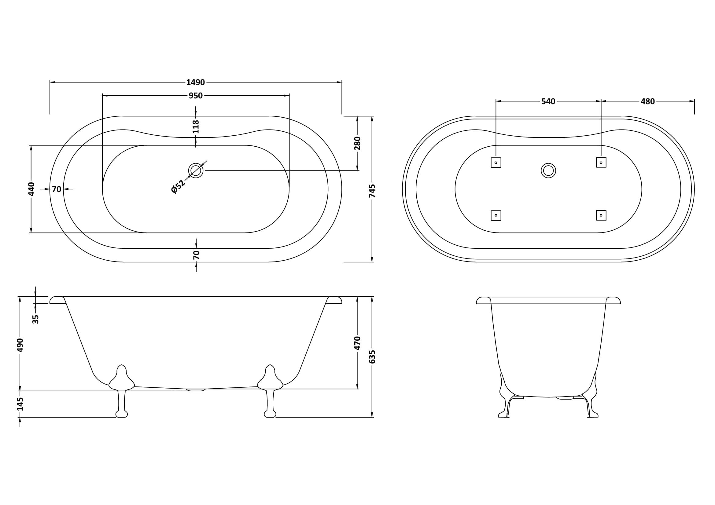 Old London Kingsbury Freestanding Bath Tub with Pride Leg Set, Durable Double Ended Traditional Bathroom Style in White, 1500mm