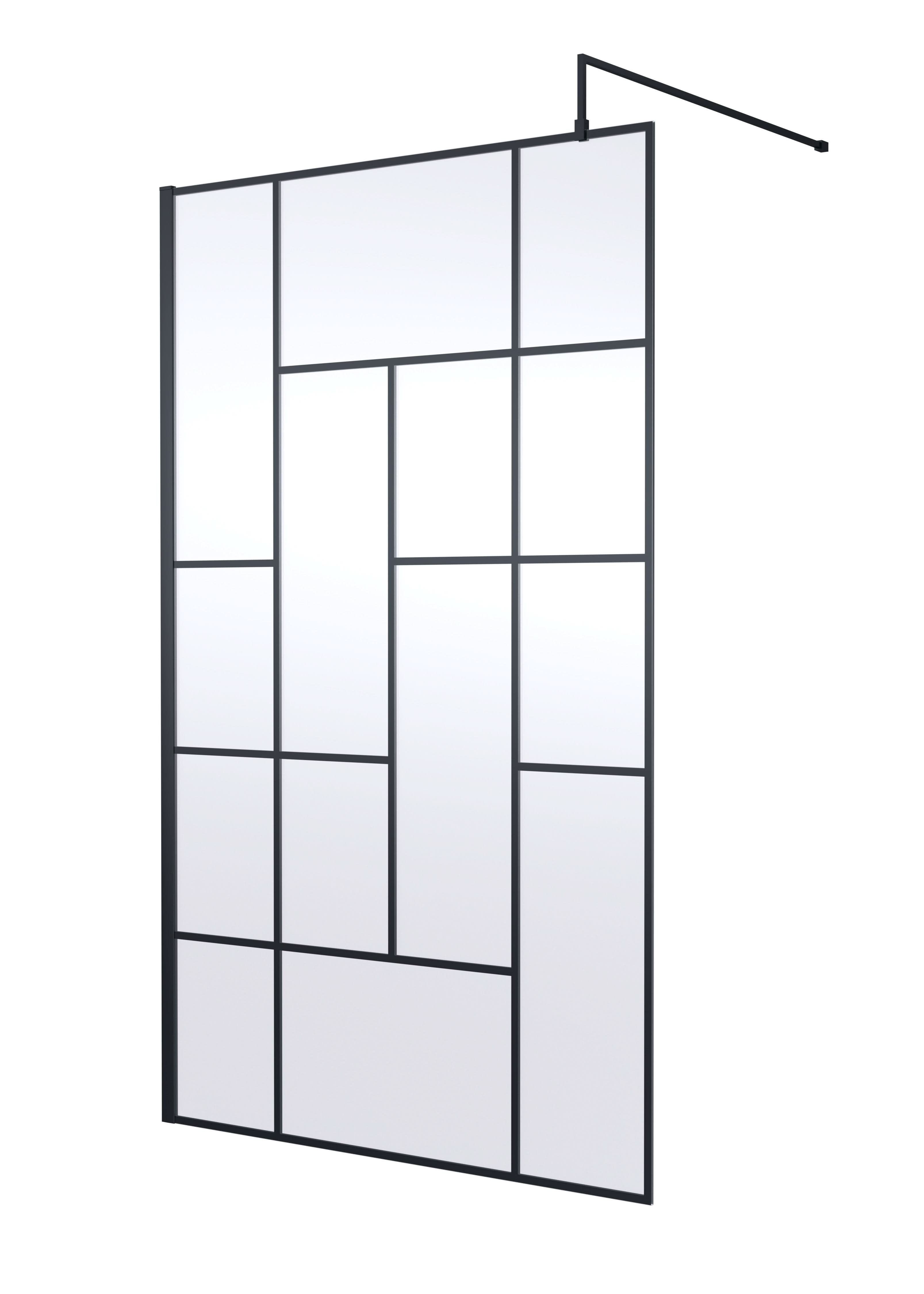 Hudson Reed Abstract Frame Wetroom Screen, Toughened Wet Room Glass Panels with Support Bar & Accessories in Matt Black, 1200mm
