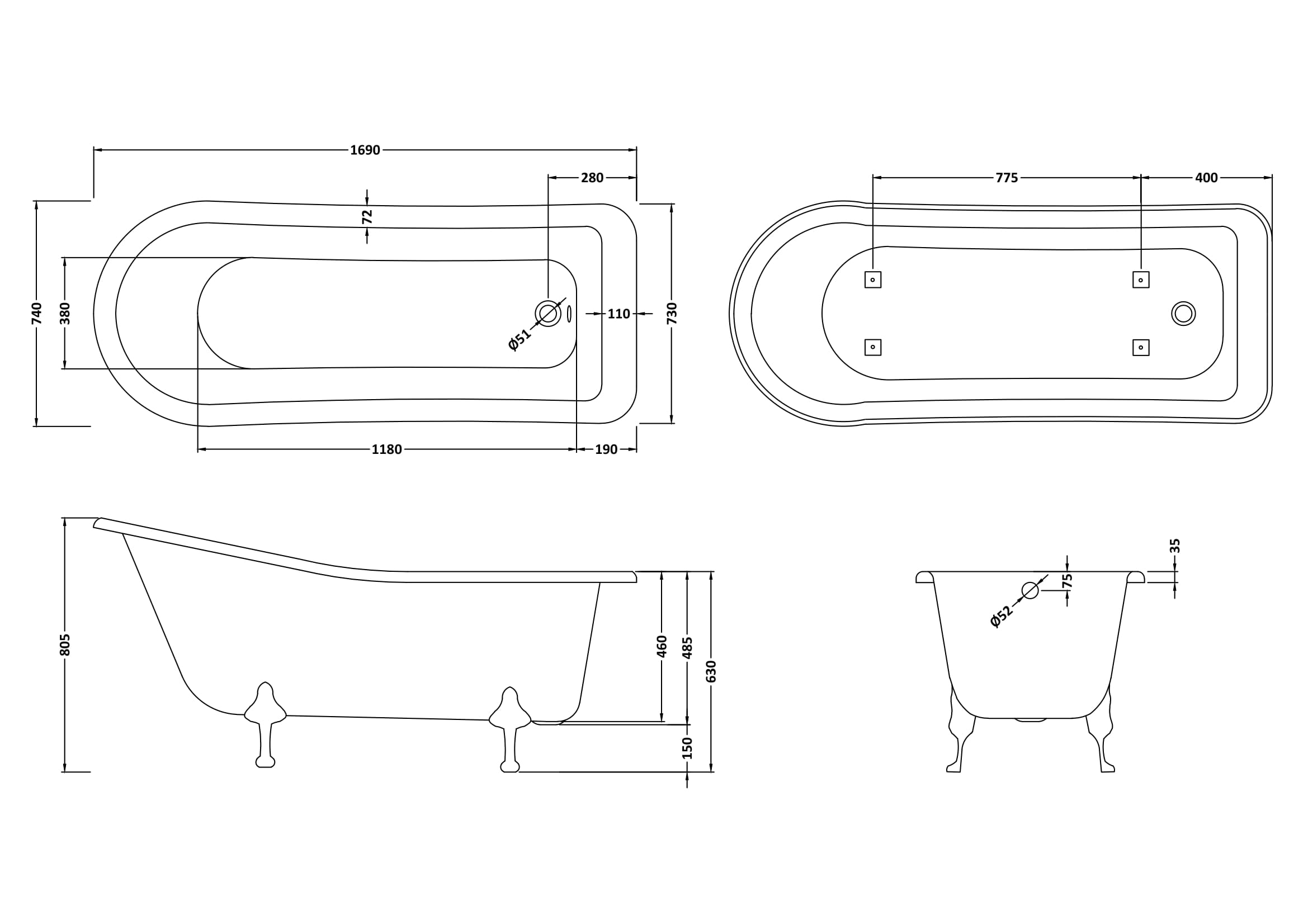 Old London Brockley Freestanding Bath Tub with Deacon Leg Set, Durable Single Ended Traditional Bathroom Style in White, 1700mm