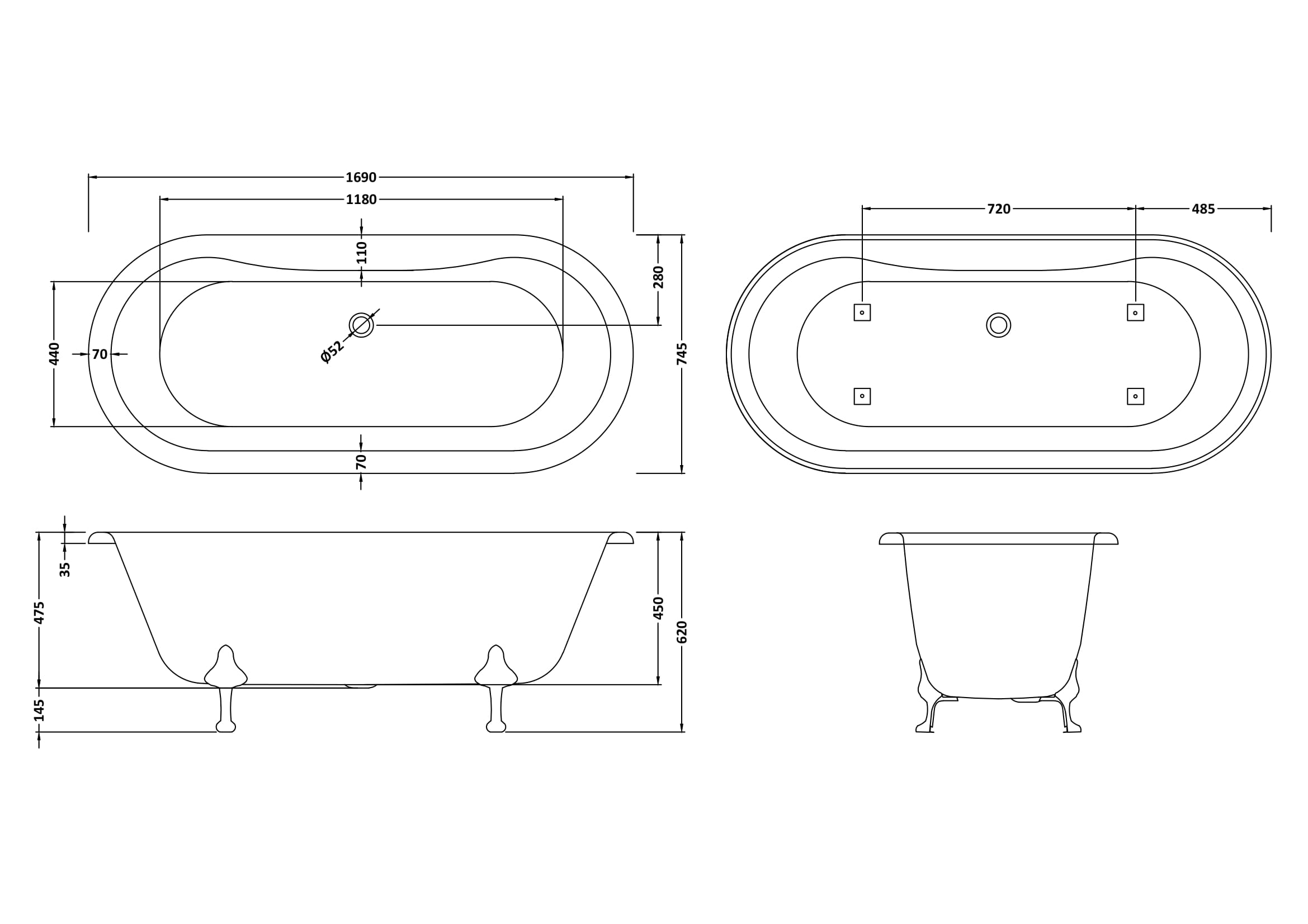 Old London Kingsbury Freestanding Bath Tub with Pride Leg Set, Durable Double Ended Traditional Bathroom Style in White, 1700mm
