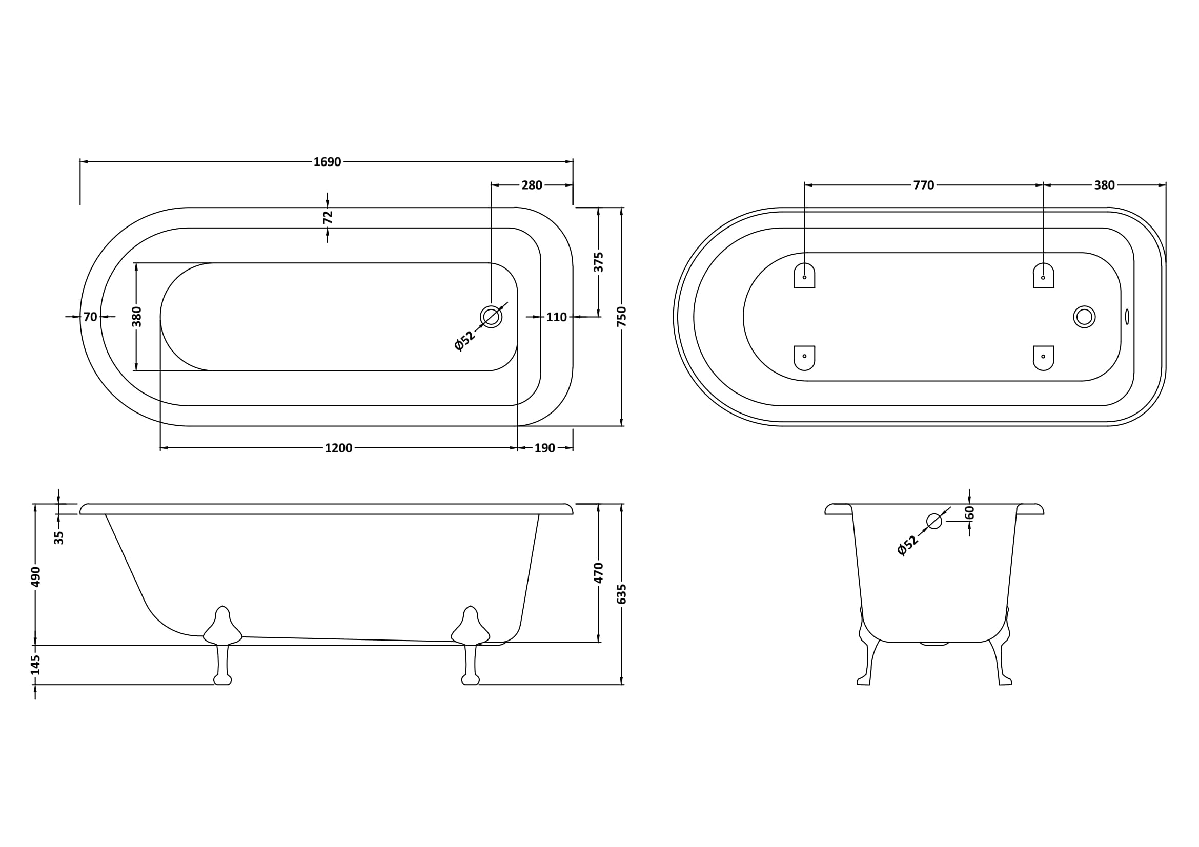Old London Barnsbury Freestanding Bath Tub with Pride Leg Set, Durable Single Ended Traditional Bathroom Style in White, 1700mm