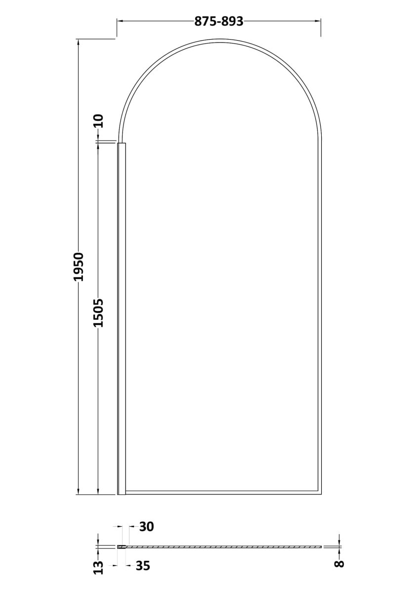 Hudson Reed Arch Return Wetroom Screen, Durable Toughened Safety Glass Frameless Glass Wet Room Panel in Matt Black, 900mm