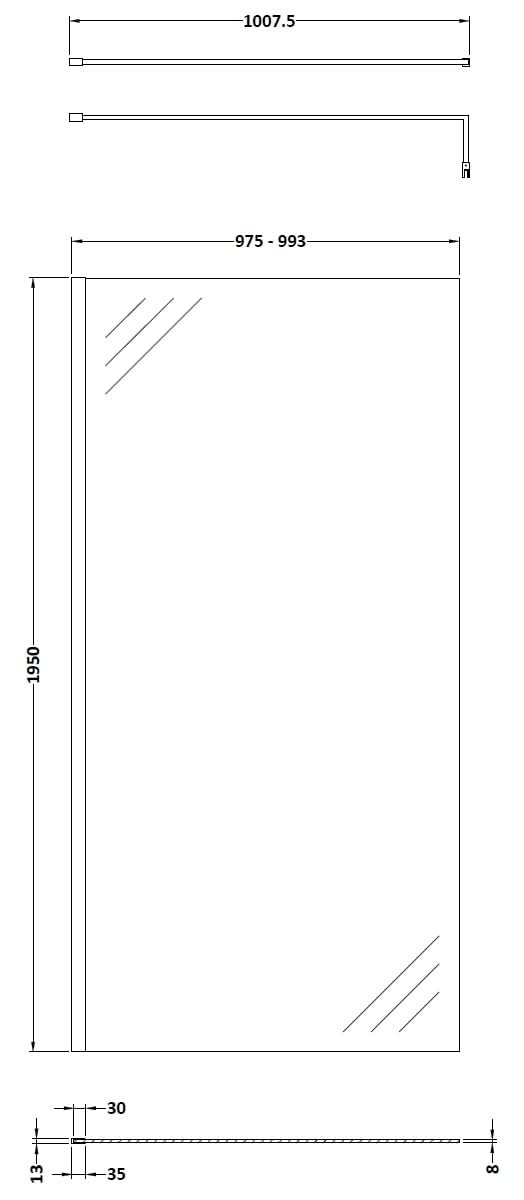 Hudson Reed Wetroom Screen & Support Bar, Durable Toughened Glass Wet Room Glass Panels Wetroom Shower Screen in Chrome, 1000mm
