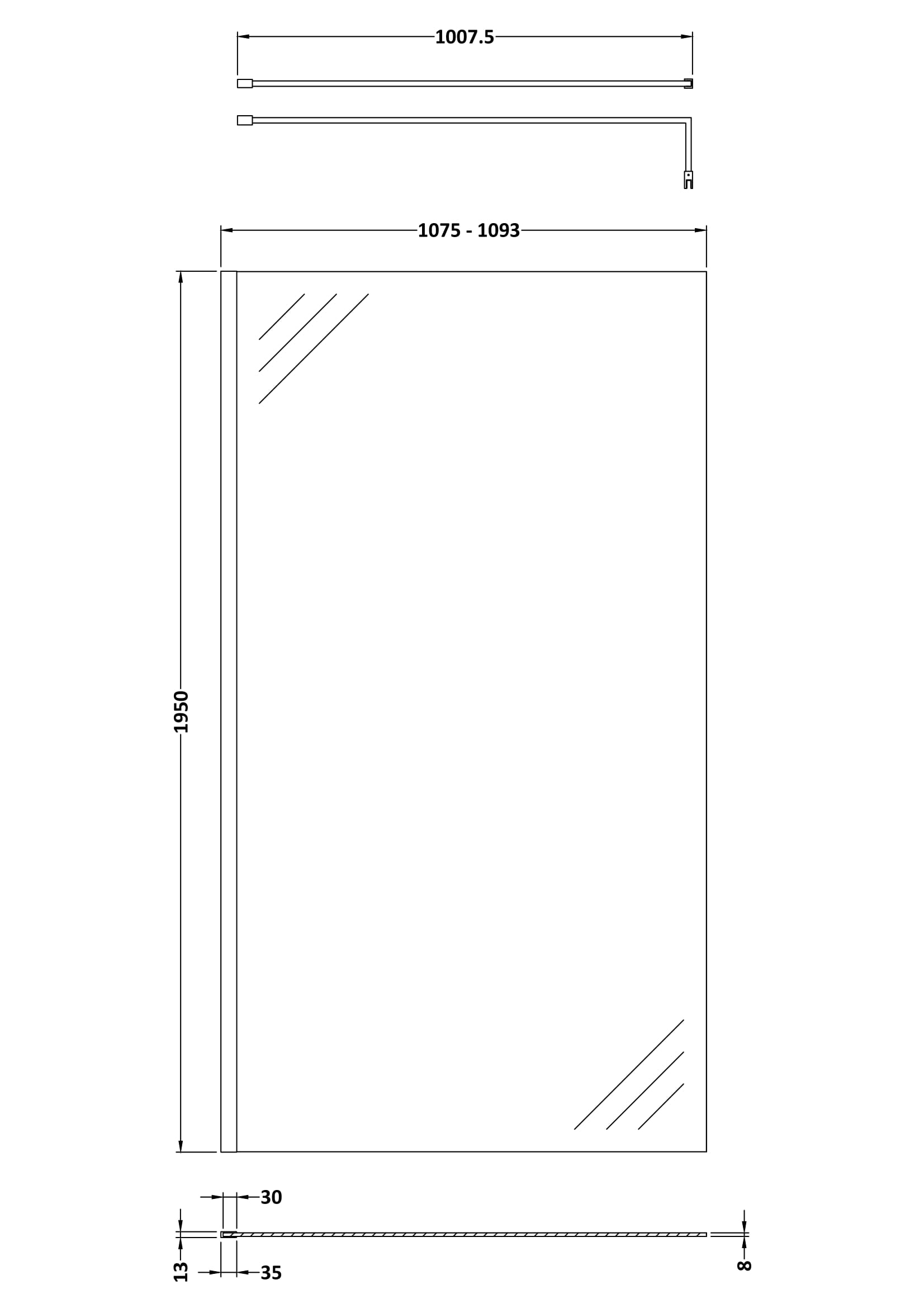 Hudson Reed Wetroom Screen & Support Bar, Durable Toughened Glass Wet Room Glass Panels Wetroom Shower Screen in Chrome, 1100mm