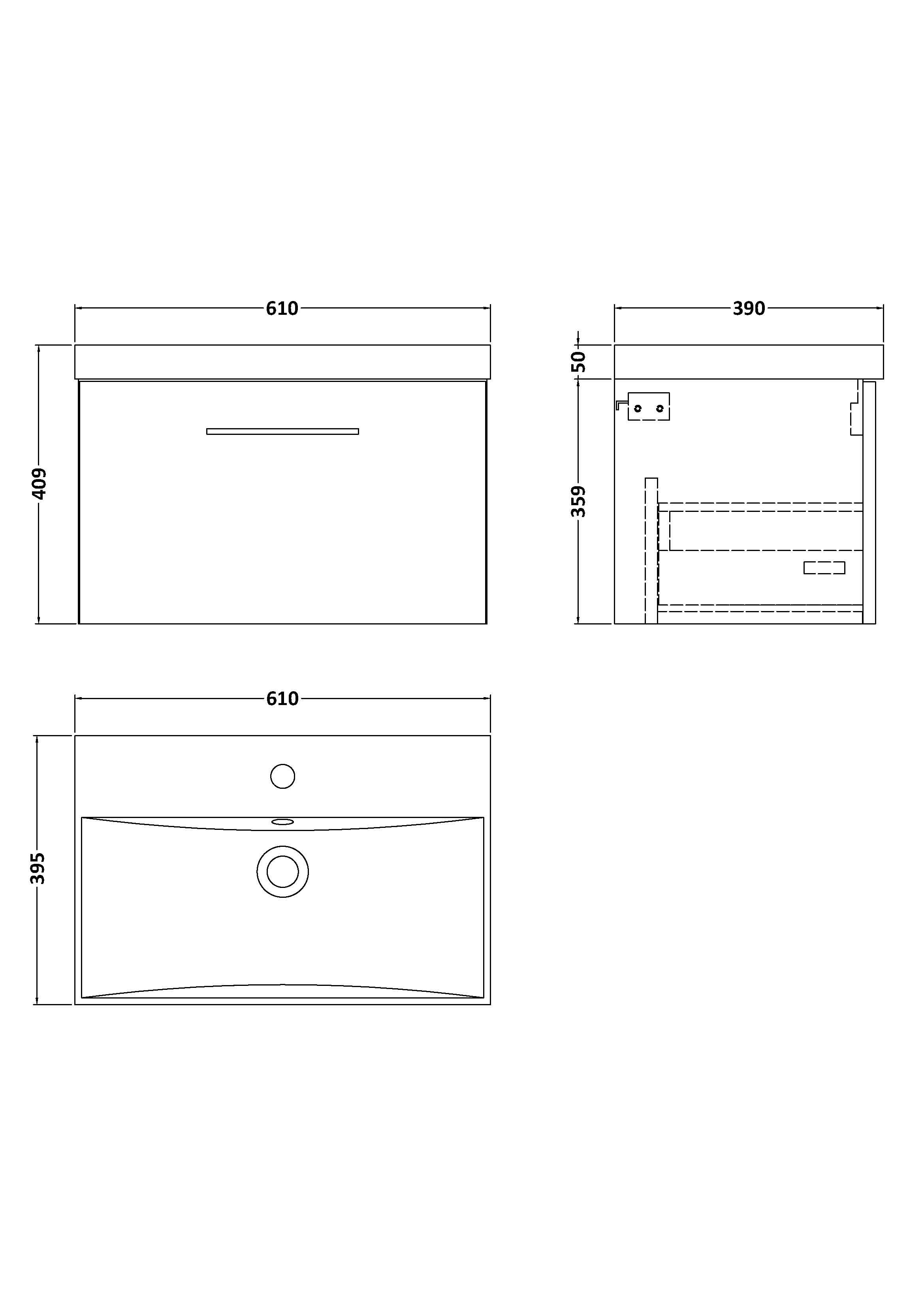 Nuie Arno Wall Hung 1 Drawer Vanity & Thin-Edge Ceramic Basin, Contemporary and Compact Vanity Unit with Basin, Soft Black, 600mm