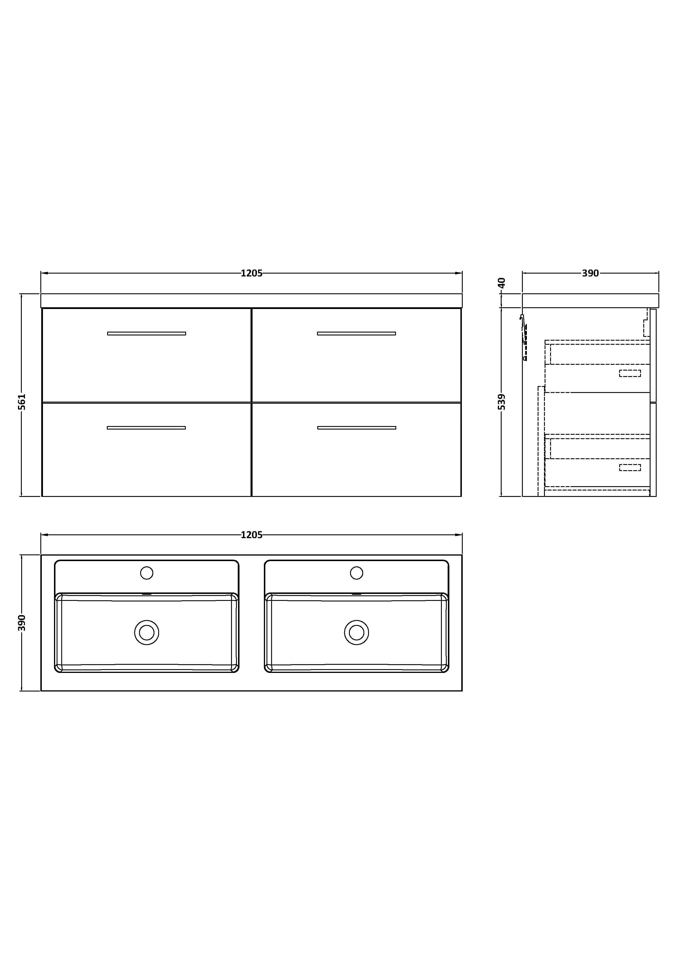 Nuie Arno Wall Hung 4 Drawer Vanity Unit & Double Polymarble Basin, Premium Wall Hung Vanity Unit and Basin, Soft Black, 1200mm