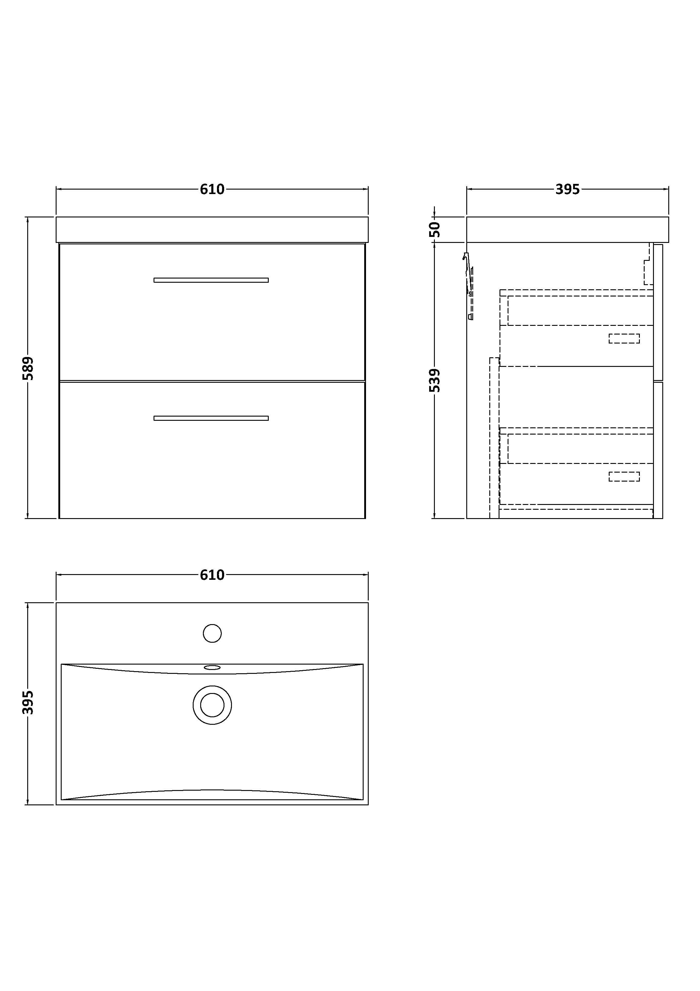 Nuie Arno Wall Hung 2 Drawer Vanity Unit & Thin-Edge Ceramic Basin, Elegant Wall Hung Vanity Unit and Basin, Soft Black, 600mm
