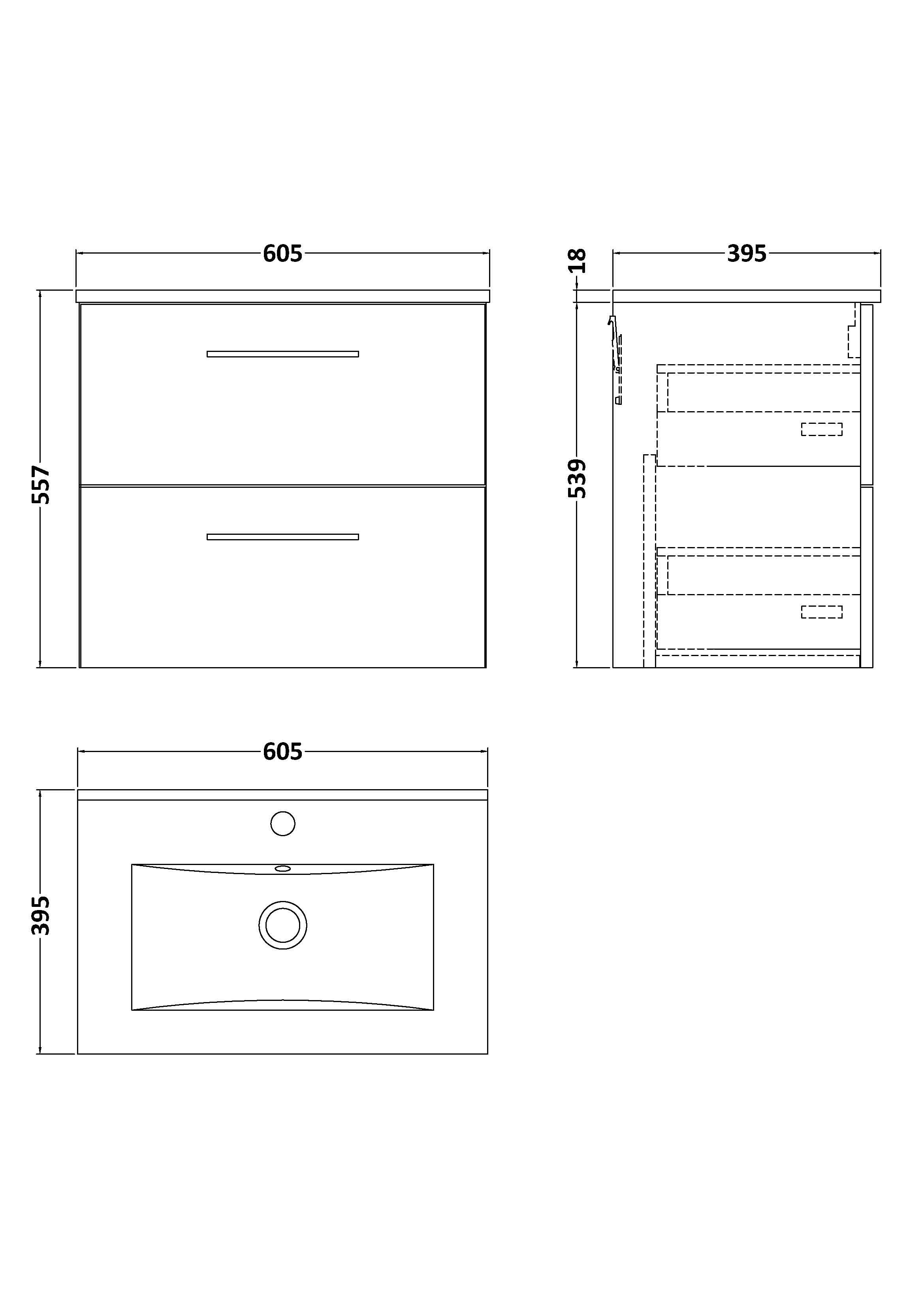 Nuie Arno Wall Hung 2 Drawer Vanity Unit & Minimalist Ceramic Basin, Contemporary Sink Vanity Unit in Bleached Oak, 600mm
