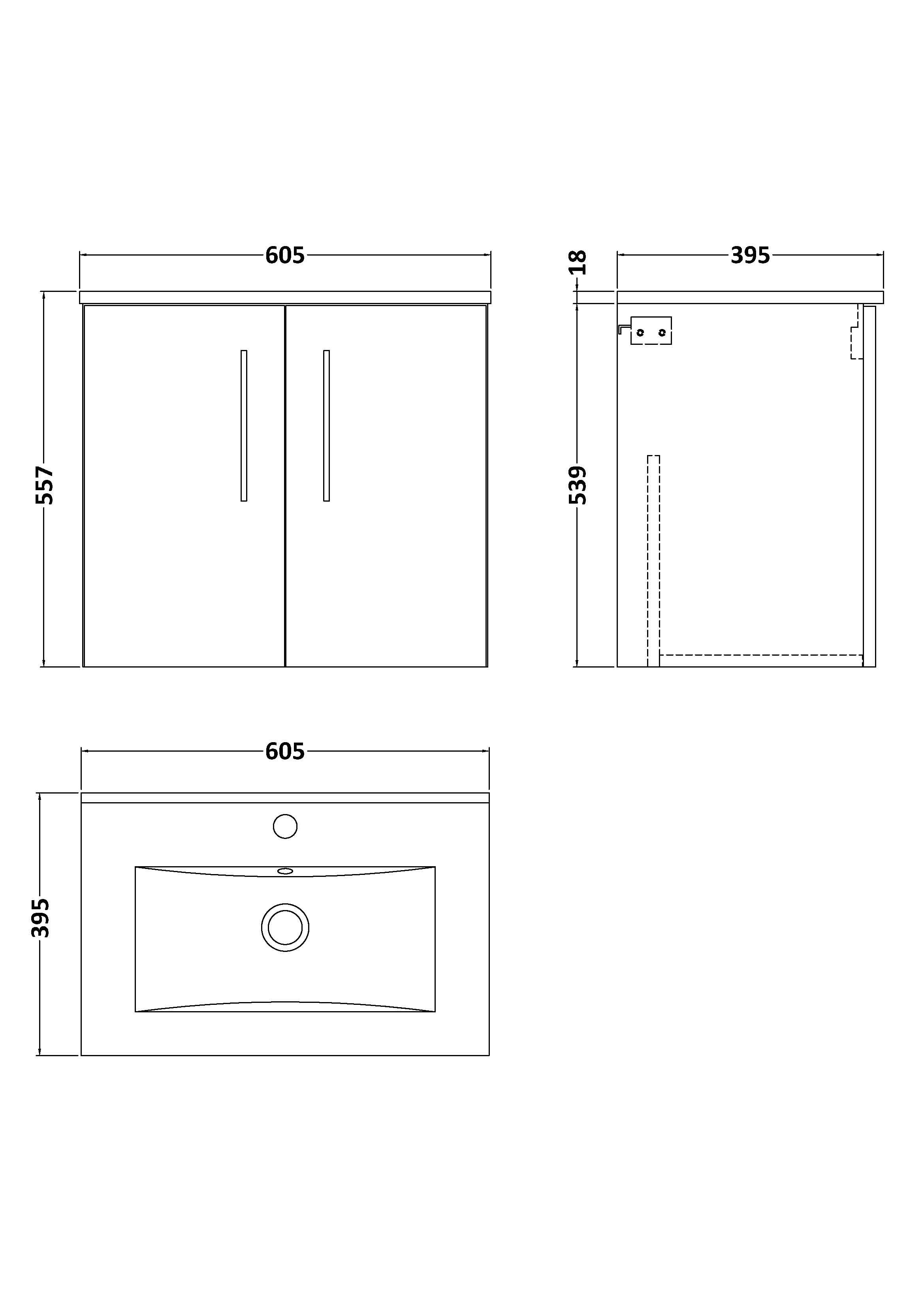 Technical drawing of the Nuie Arno 2 Door Wall Hung Vanity Unit With Basin-2 (600mm wide) by Nuie. Dimensions: 605mm (W) x 557mm (H) x 395mm (D). Shows front, side, and top views with cabinet doors and basin layout.