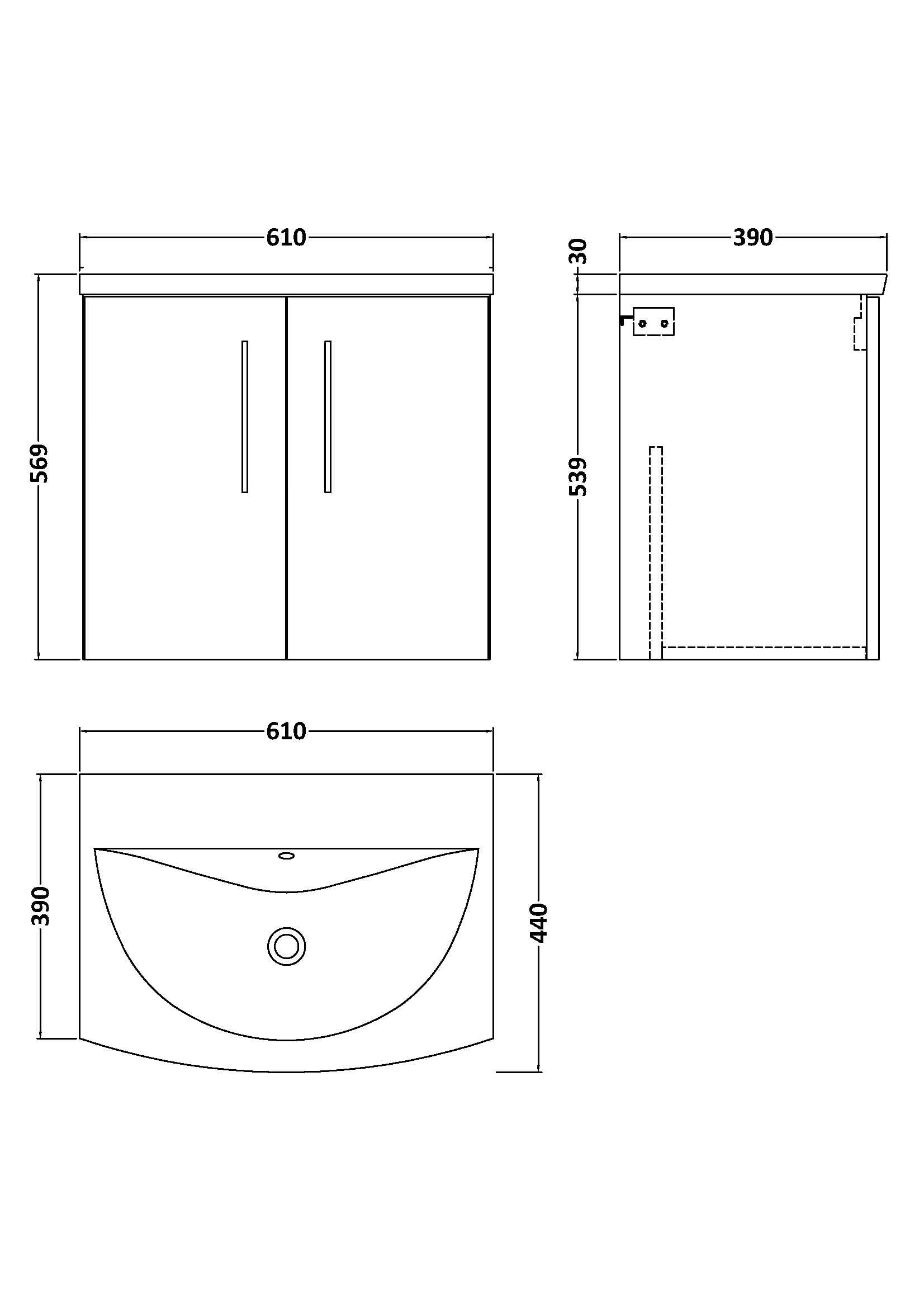Technical drawing of the Nuie Arno 2 Door Wall Hung Vanity Unit With Basin-4 600mm Wide by Nuie, displaying front, side, and top views. Dimensions: 610mm (W), 390mm (D), 569mm (H), and 440mm sink projection.