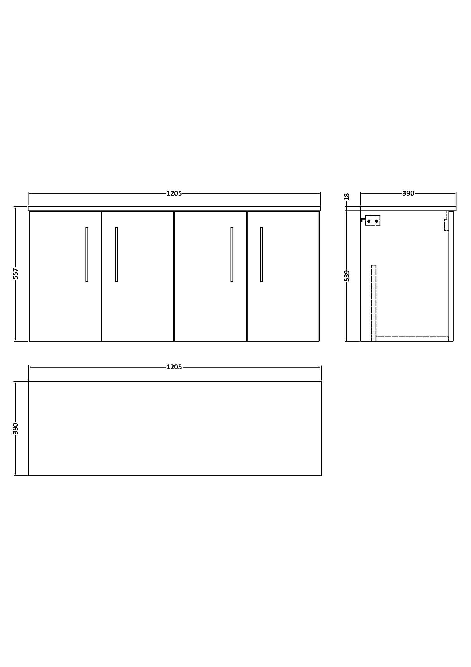 Line drawing of the Nuie Arno 4 Door Wall Hung Vanity Unit With Worktop by Nuie, shown from front, side, and top views. Dimensions: 1200mm wide, 390mm deep, 857mm high. Handles are visible on all four doors.