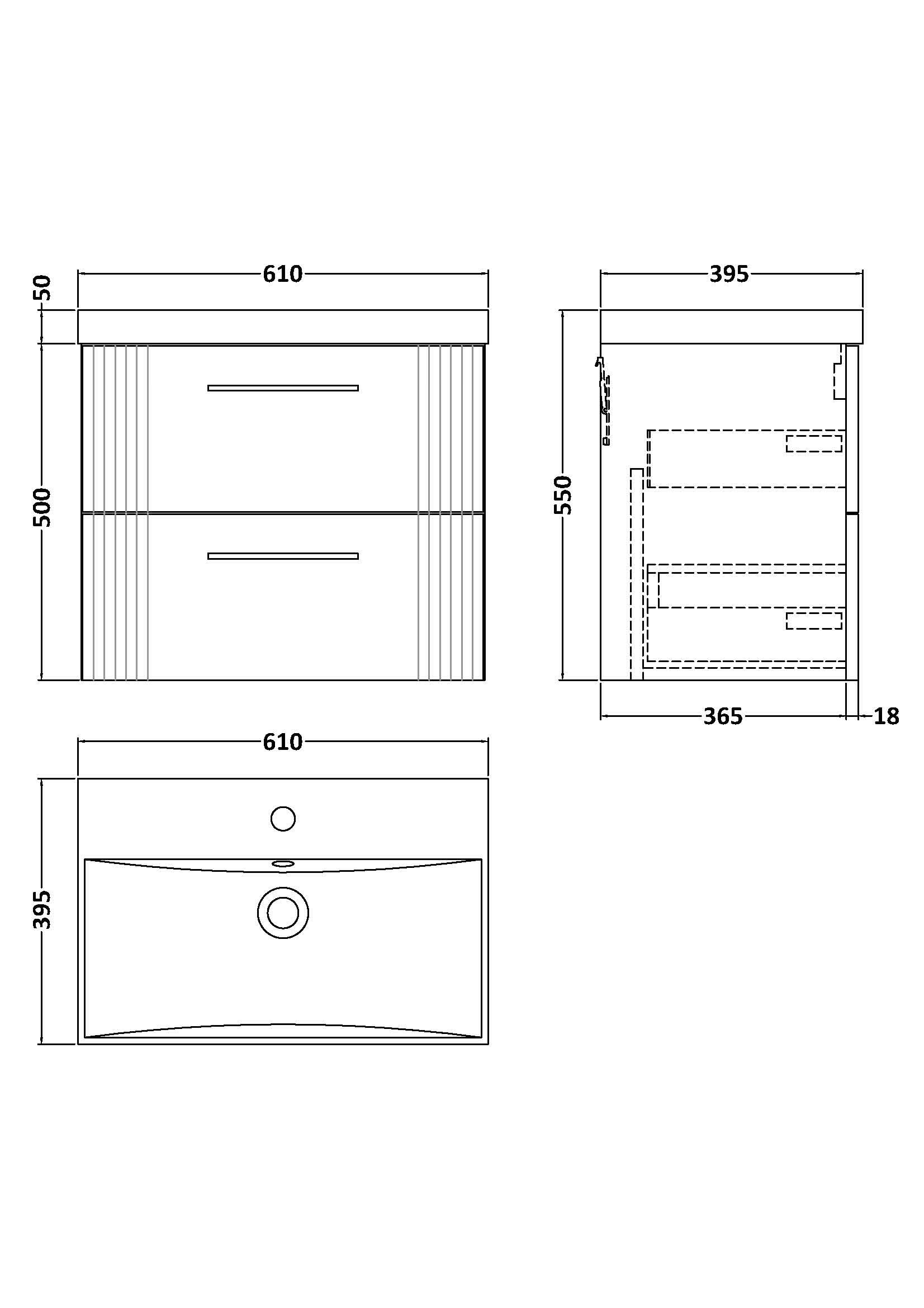 Nuie Deco 2 Drawer Wall Hung Vanity Unit With Basin-3 600mm Wide