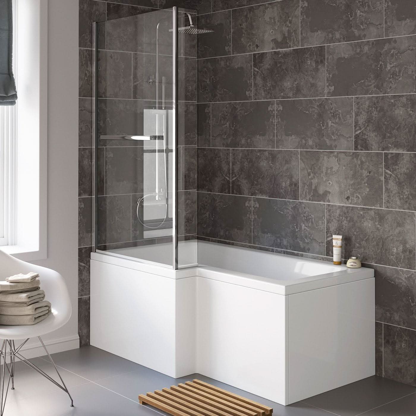 iBathUK Vistara Left Hand L-Shaped Shower Bath, Acrylic Straight Bathtub with Glass Screen & Bath Panel Set, L Shaped Bath Screen, 1500mm