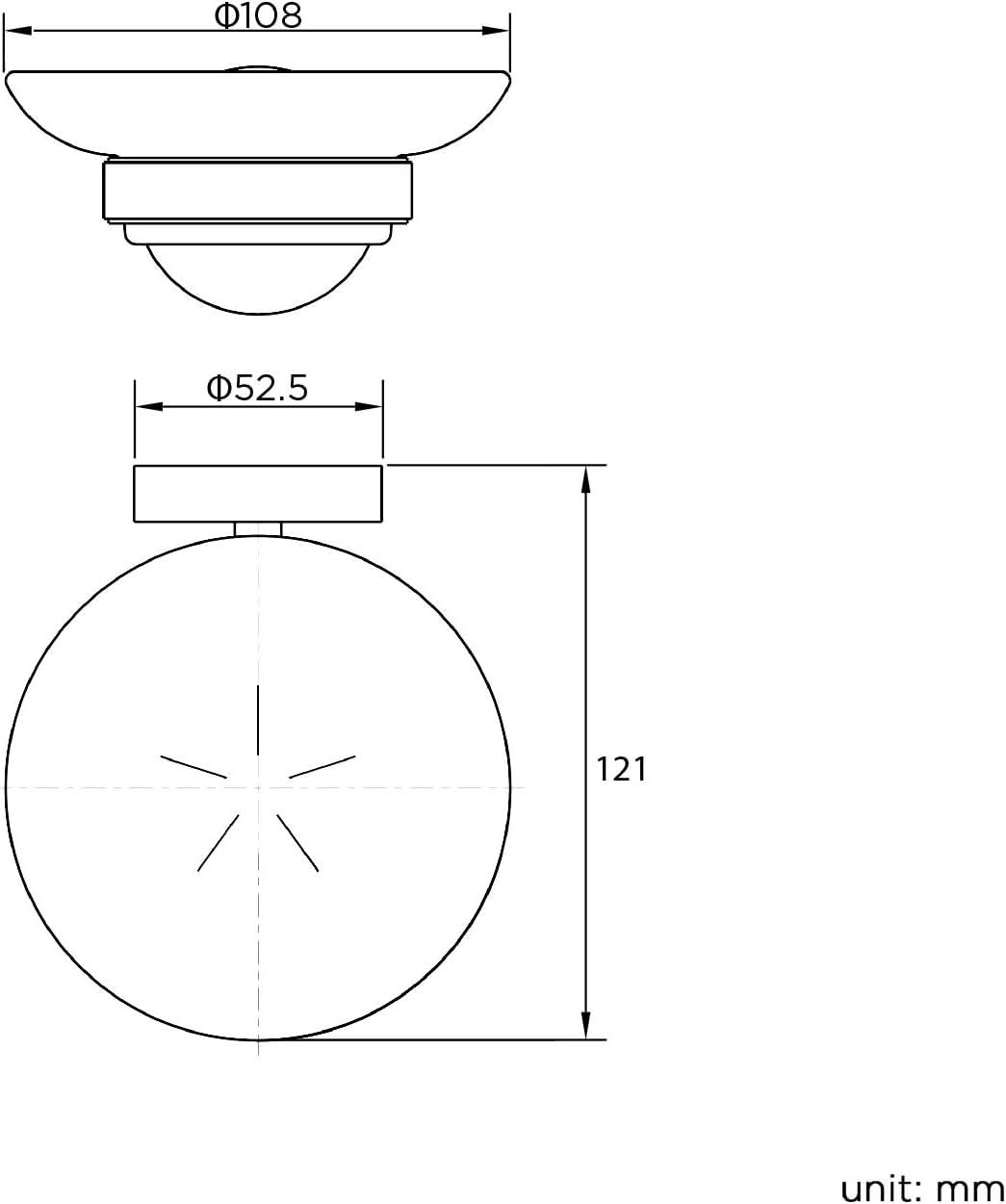 The iBathUK Lumo Designer Bathroom Accessory Set includes a wall mounted soap dish and toothbrush holder with tumbler in chrome. Top view diameters: 108mm and 52.5mm; side view height: 121mm. All dimensions in millimeters.