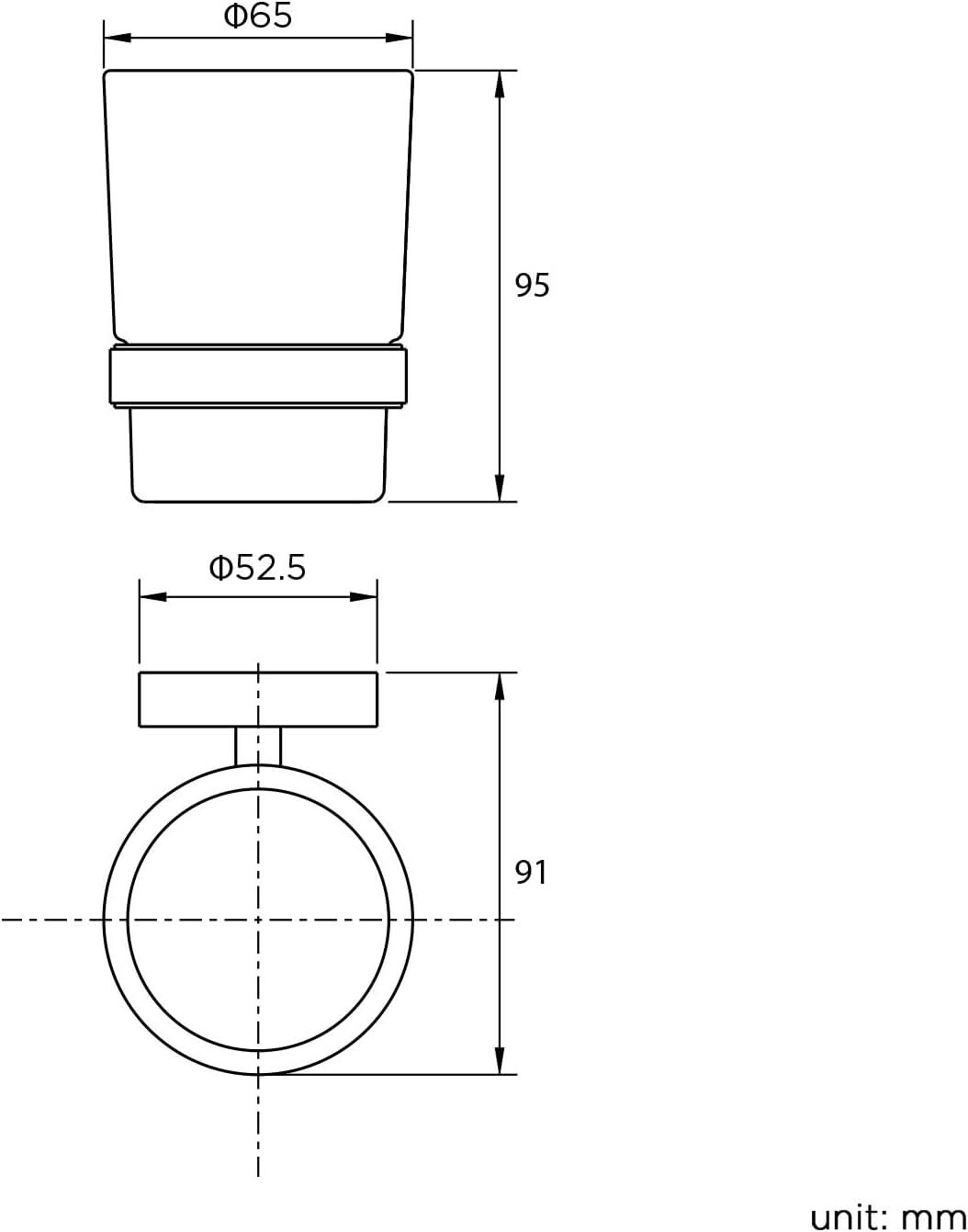 Line drawing of iBathUK Lumo Designer Bathroom Accessory Set (wall mounted soap dish & toothbrush holder with tumbler, chrome finish) shows: top dia. 65mm, height 95mm, ring dia. 52.5mm, and 91mm from ring to top. Unit: mm.
