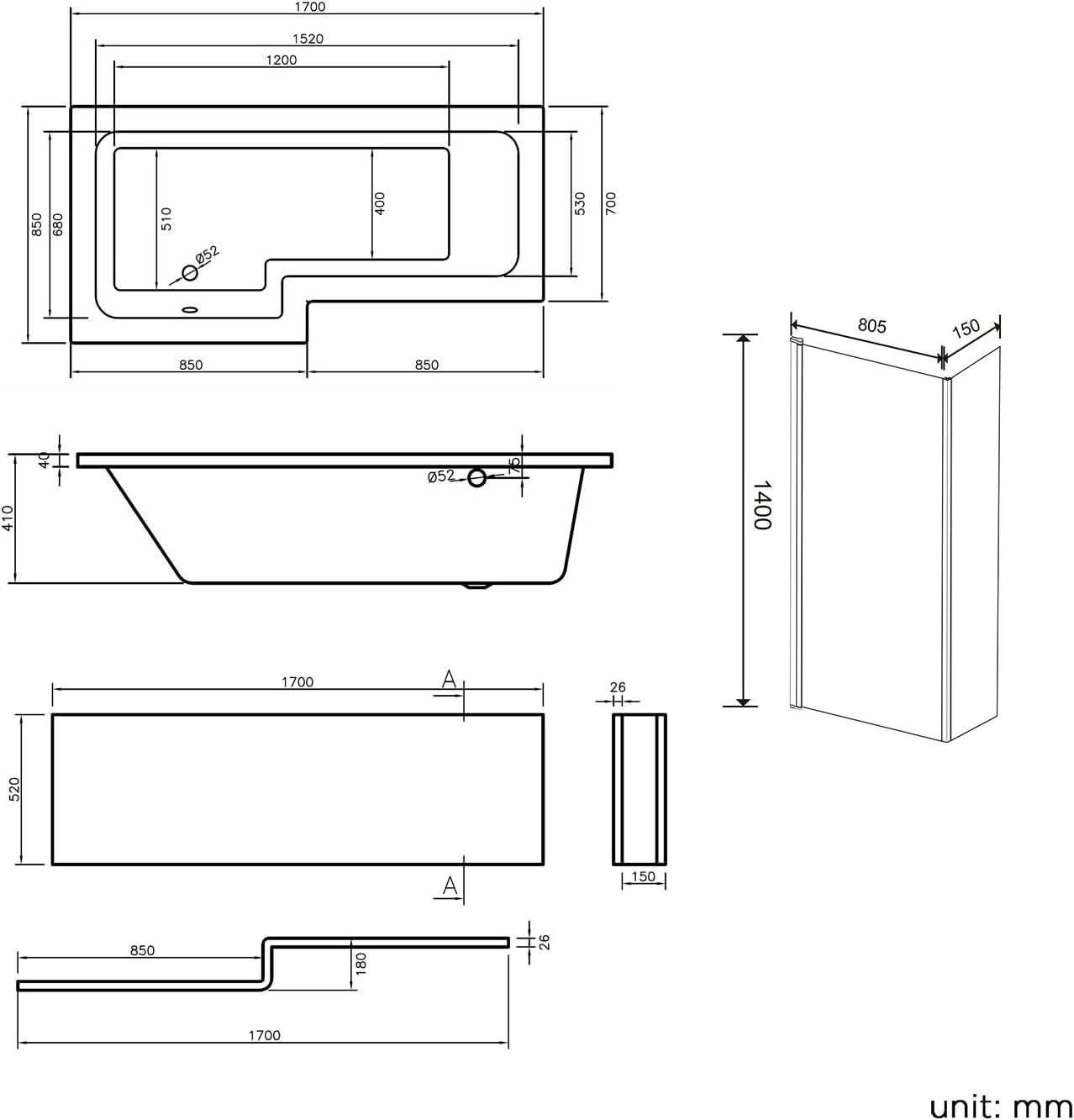 iBathUK Axis Left Hand L-Shaped Shower Bath, Includes Glass Screen & Front Panel, Modern Space-Saving Bath Design, Durable L Shaped Bath Screen, 1700mm
