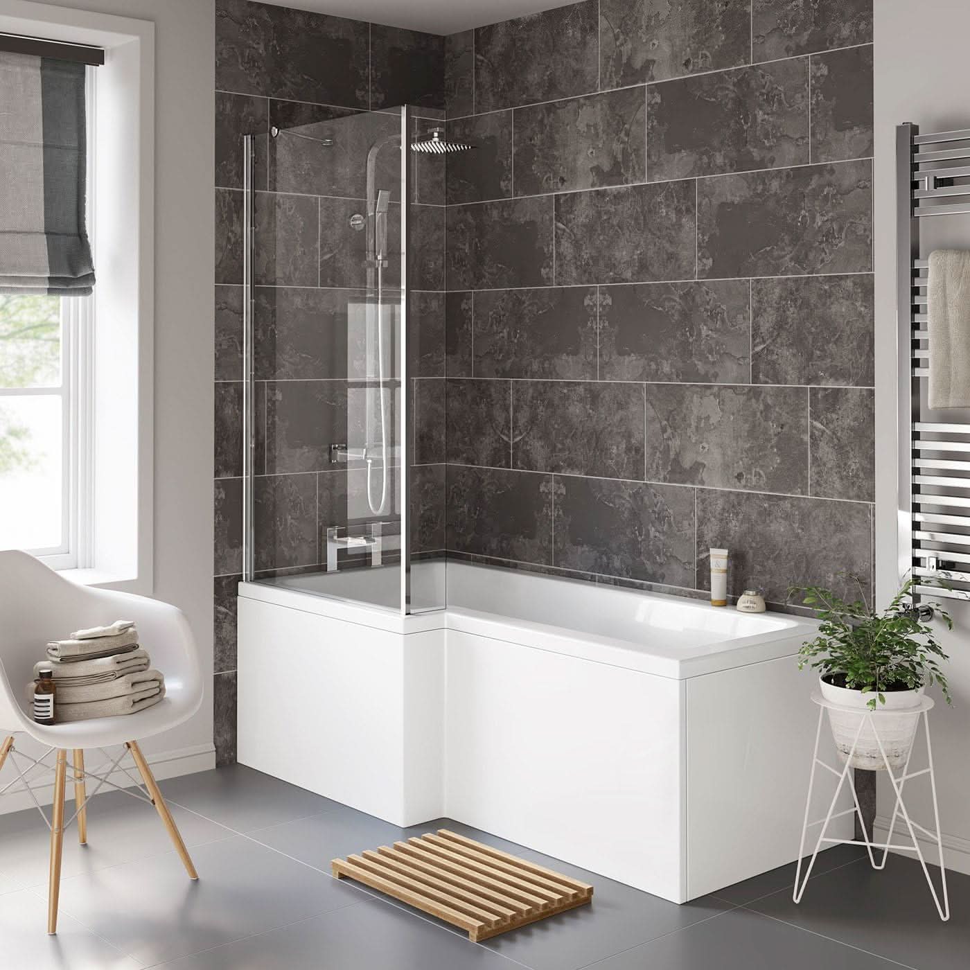 iBathUK Axis Left Hand L-Shaped Shower Bath, Includes Glass Screen & Front Panel, Modern Space-Saving Bath Design, Durable L Shaped Bath Screen, 1700mm