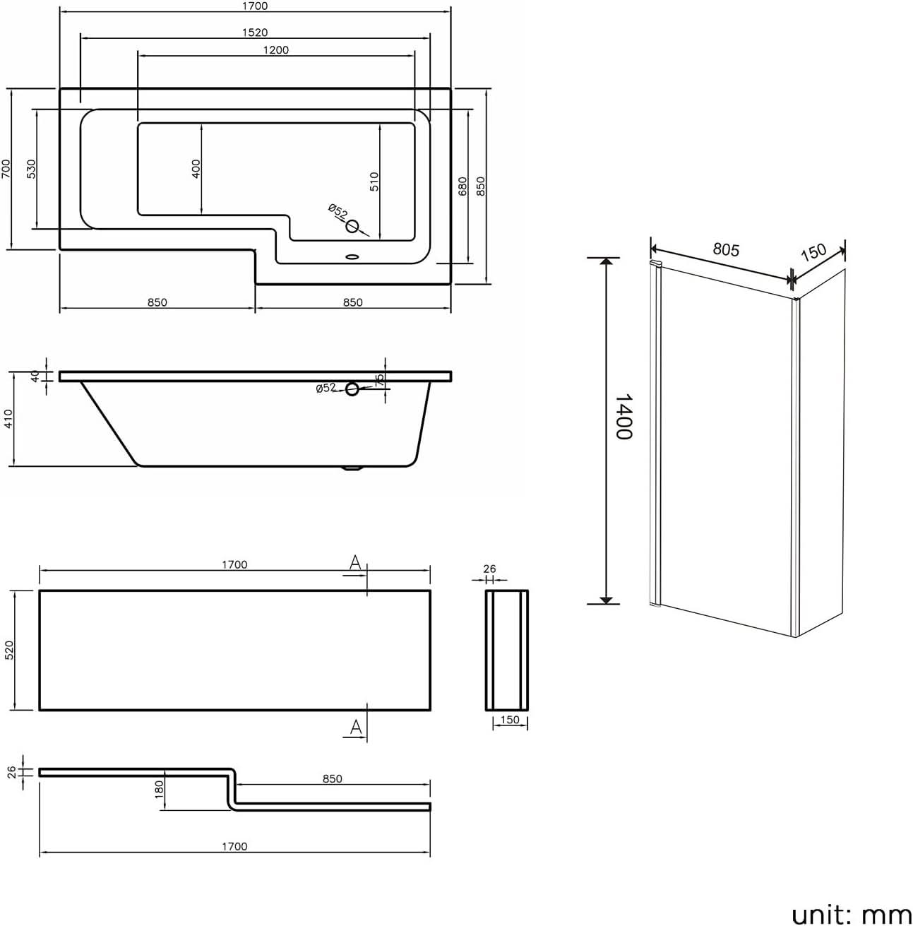 iBathUK Axis Right Hand L-Shaped Shower Bath, Includes Glass Screen & Front Panel, Modern Space-Saving Bath Design, Durable L Shaped Bath Screen, 1700mm