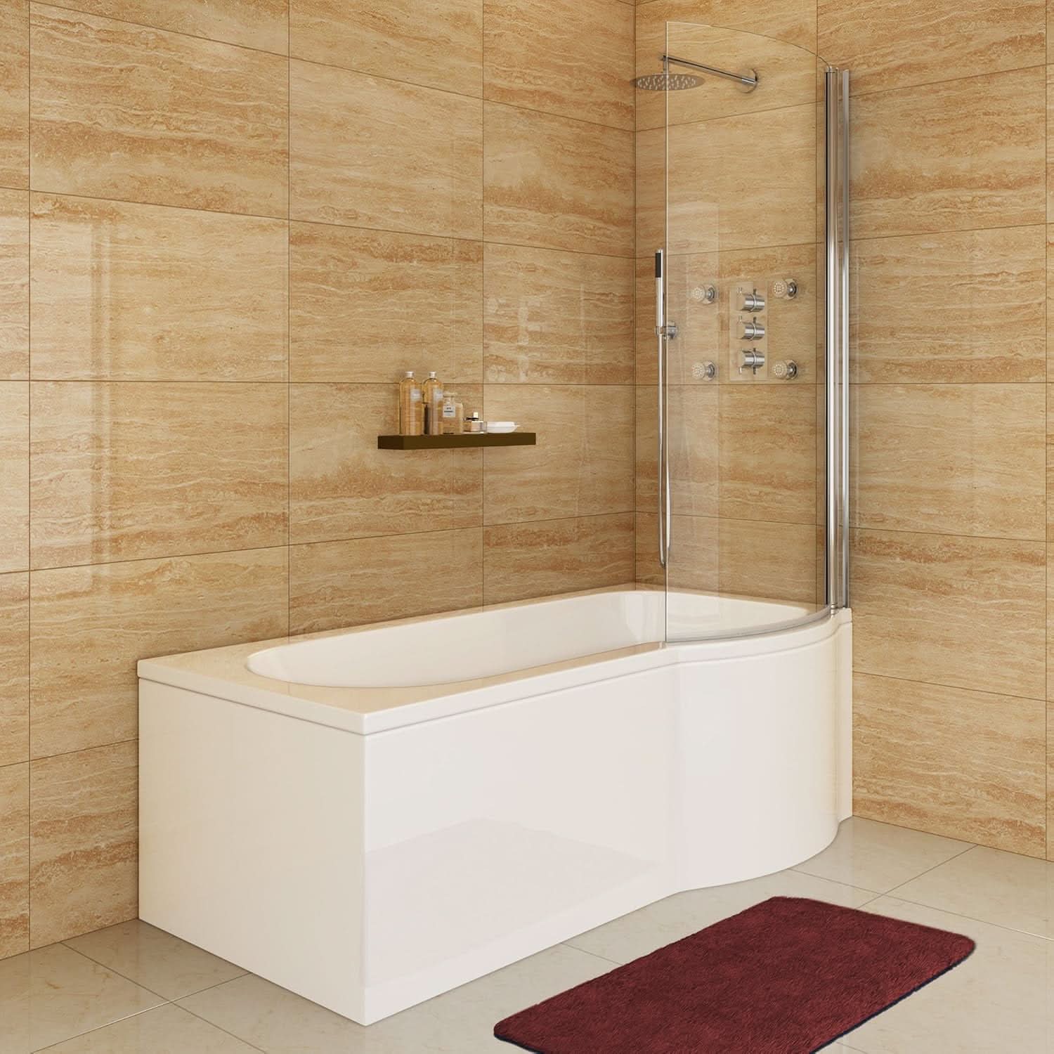 iBathUK Tressa Right Hand P-Shaped Shower Bath, Modern Acrylic Tub with Glass Screen & Matching Side Bath Panel, P Shaped Bath with Screen, 1600mm