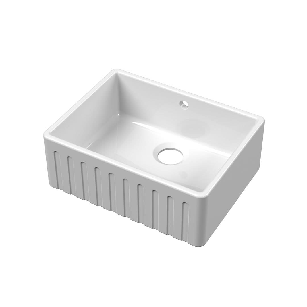Nuie Butler Sink Fluted with Overflow, Classic White Fireclay Kitchen Sink for Timeless Elegance, 595mm x 450mm x 220mm