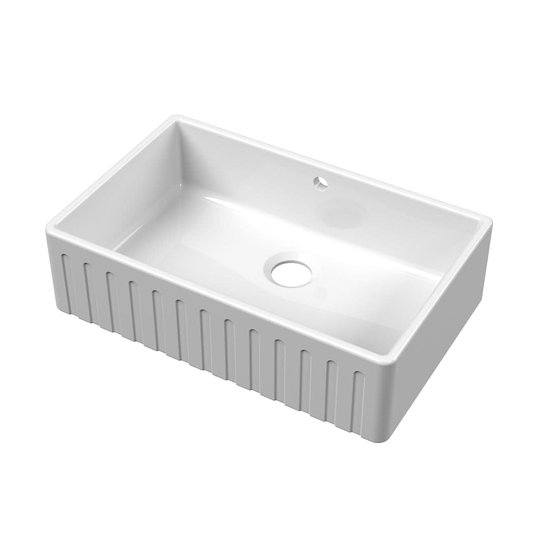 Nuie Butler Sink Fluted with Overflow, Classic White Fireclay Kitchen Sink for Timeless Elegance, 795x500x220mm