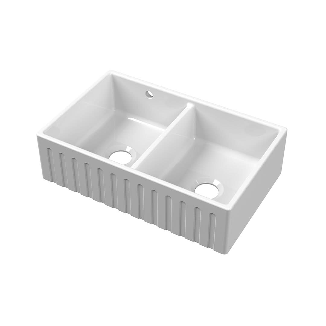 Nuie Butler Sink Fluted Stepped Weir & Overflow, Classic White Fireclay Kitchen Sink for Timeless Elegance, 795x500x220mm