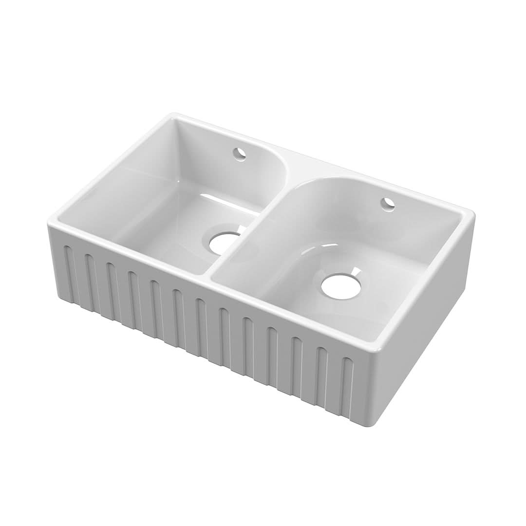 Nuie Butler Sink Fluted Flush Weir & Overflow, Classic White Fireclay Kitchen Sink for Timeless Elegance, 795x500x220mm