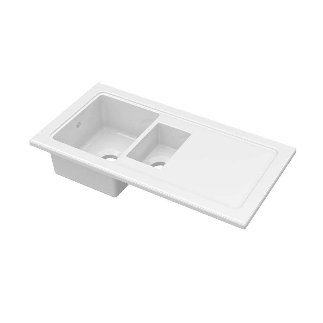 Nuie Counter Top Sink 1.5 Bowl, Elegant White Fireclay Kitchen Sink for Timeless Utility, 1010mm x 525mm