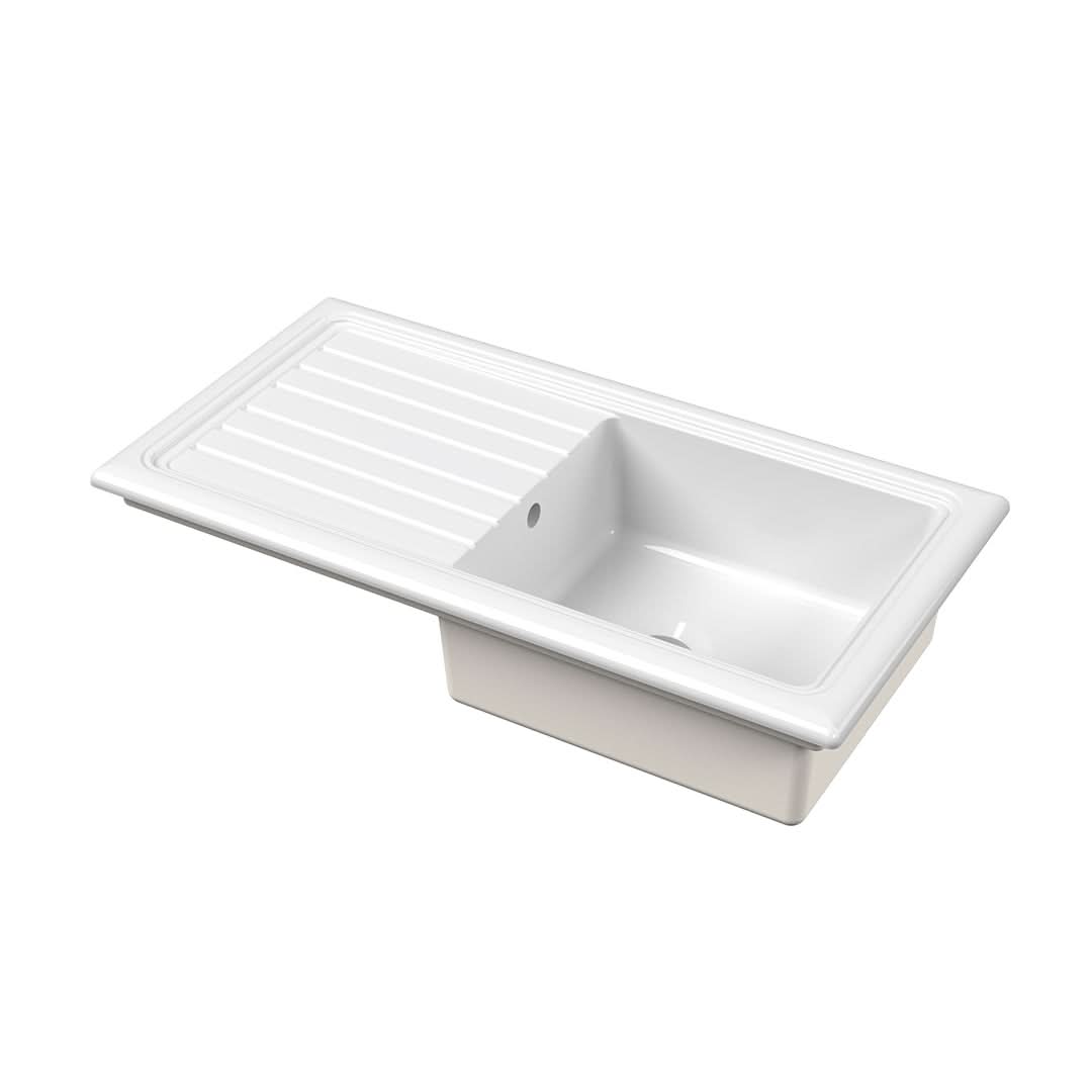 Nuie Counter Top Sink 1.5 Bowl, Elegant White Fireclay Kitchen Sink for Timeless Utility, 1010mm x 525mm
