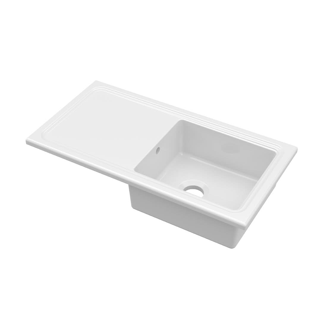 Nuie Counter Top Sink 1.5 Bowl, Elegant White Fireclay Kitchen Sink for Timeless Utility, 1010mm x 525mm