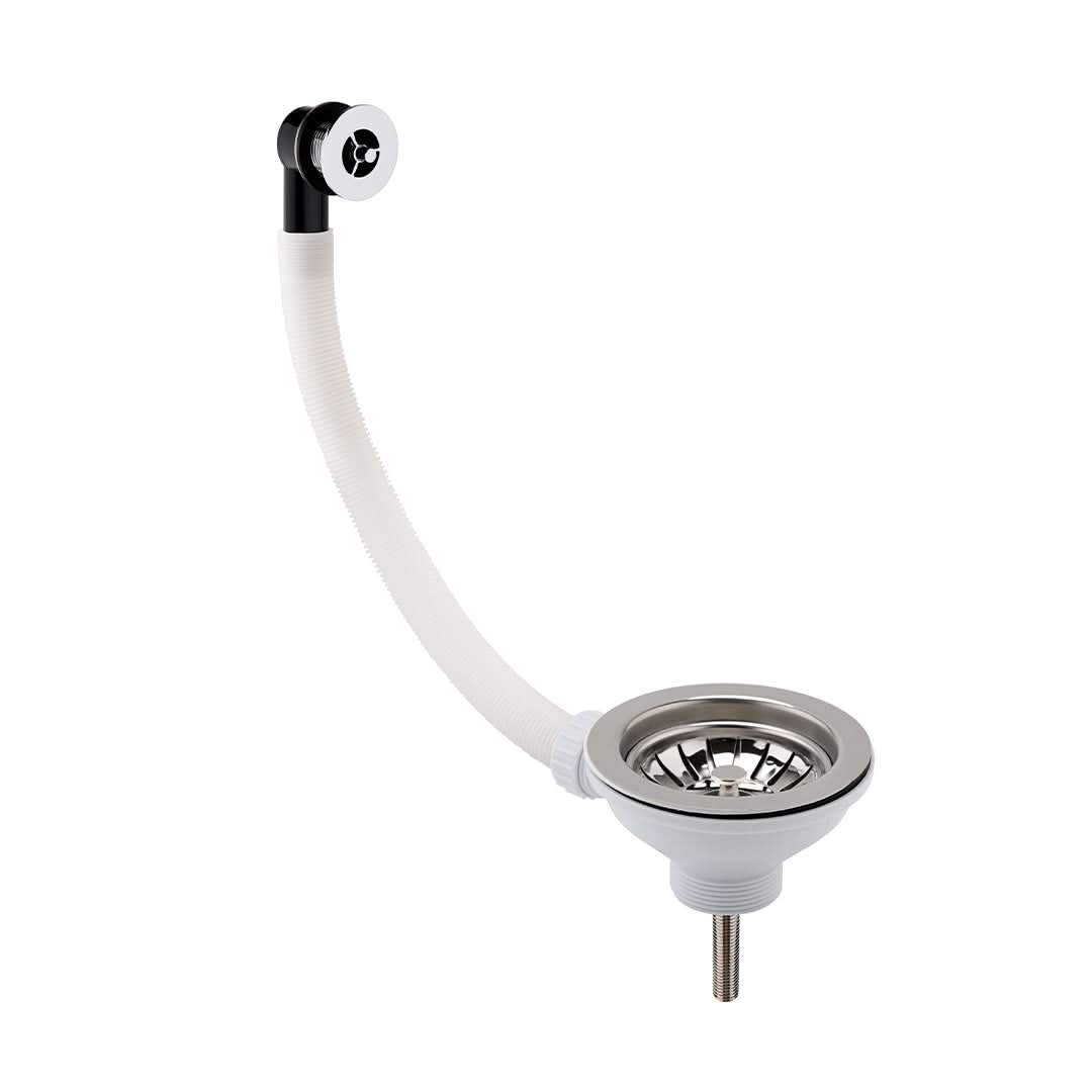 Nuie Fireclay Sinks Pull Out Basket Strainer Waste with Overflow, Kitchen Sink Waste Strainer, Chrome, 90mm