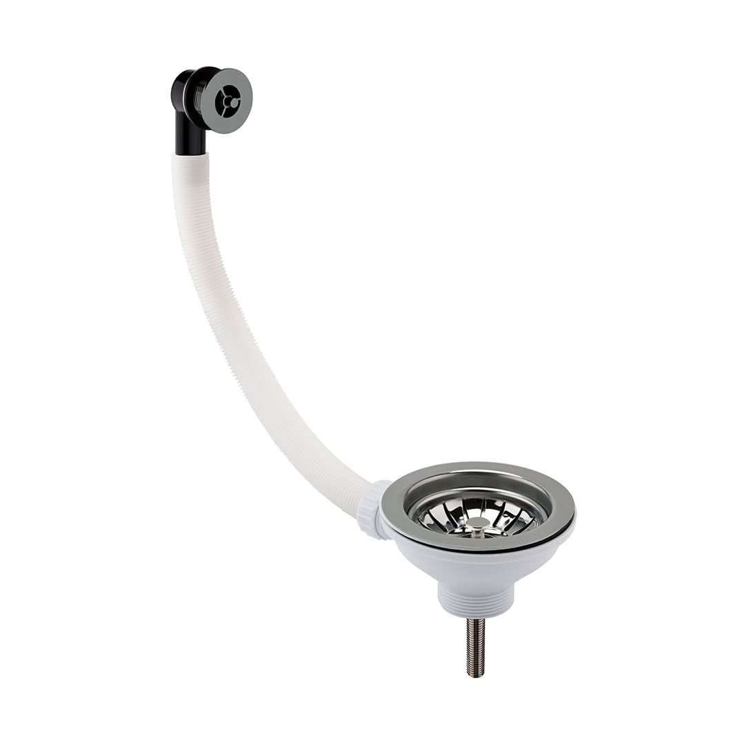 Nuie Fireclay Sinks Pull Out Basket Strainer Waste with Overflow, Kitchen Sink Waste Strainer, Brushed Nickel, 90mm