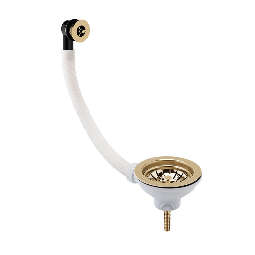 Nuie Fireclay Sinks Pull Out Basket Strainer Waste with Overflow, Kitchen Sink Waste Strainer, Brushed Brass, 90mm