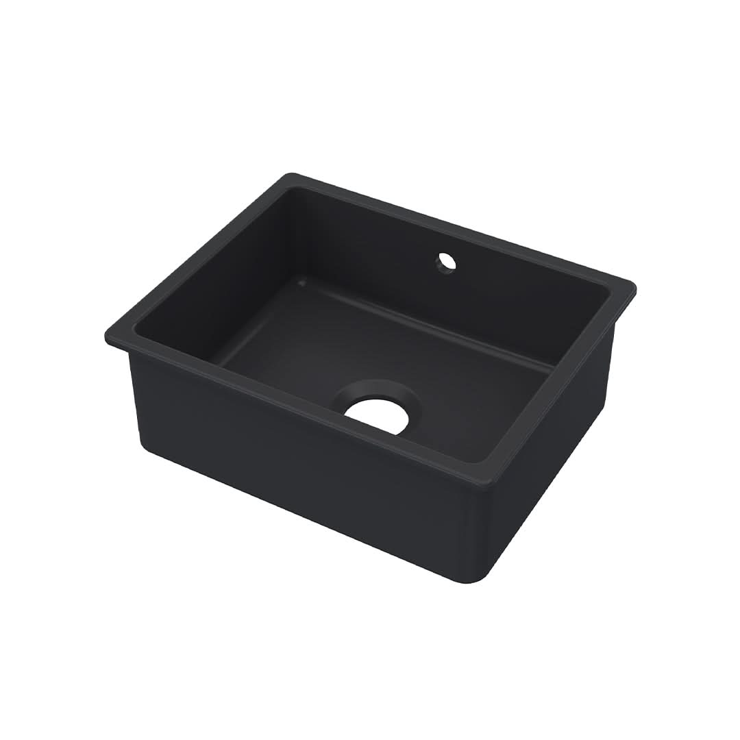 Nuie Inset Single Bowl with Overflow, Durable Undermount Single Small Bowl Kitchen Basin in Soft Black, 548 x 442 x 197mm