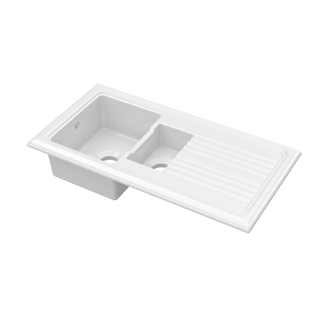 Nuie Counter Top Sink 1.5 Bowl, Elegant White Fireclay Kitchen Sink for Timeless Utility, 1010mm x 525mm