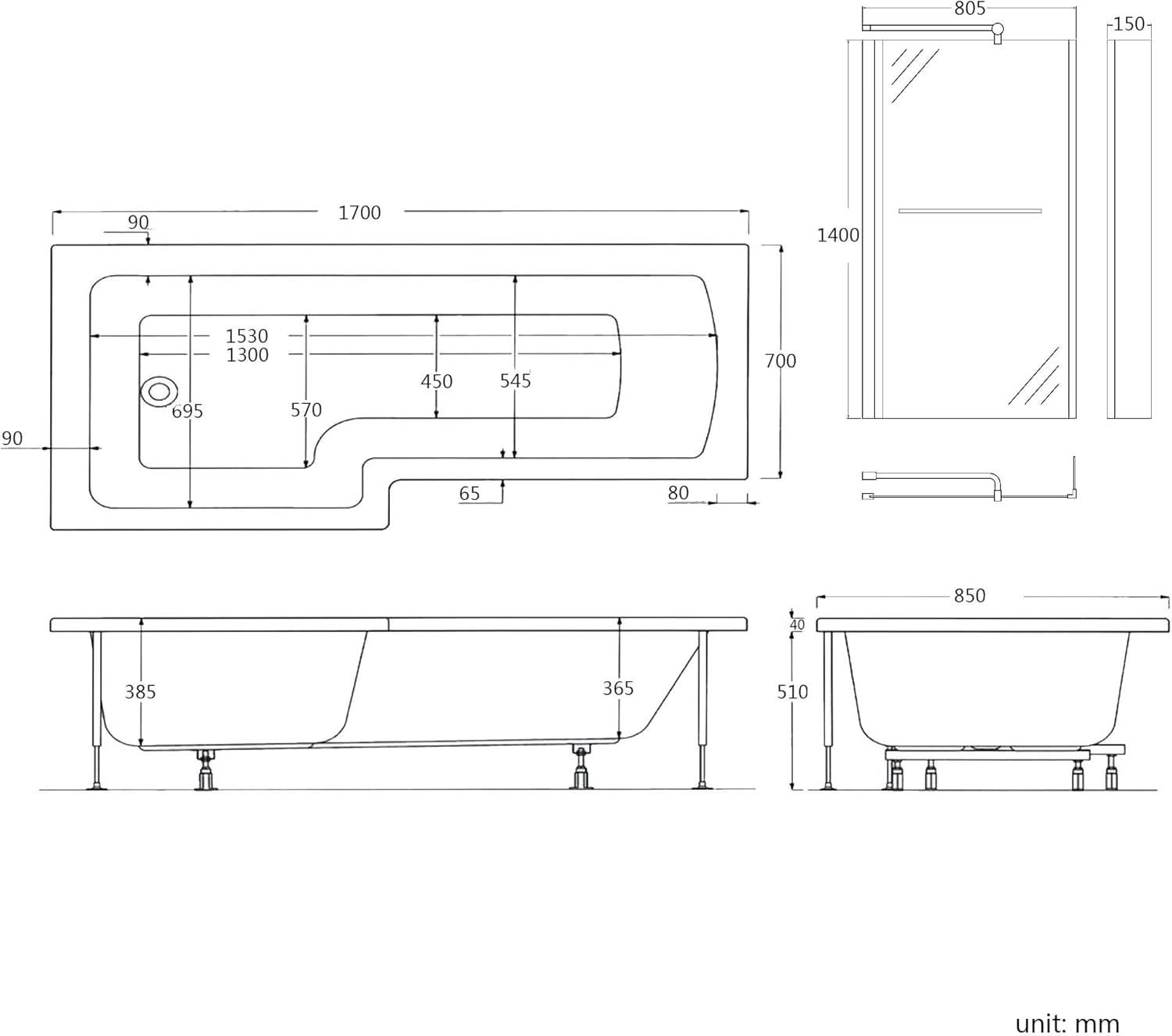 iBathUK Vault Left Hand L-Shaped Shower Bath, Modern Straight Acrylic Bathtub with Toughened Glass Shower Screen, L Shaped Bath Screen, 1700mm