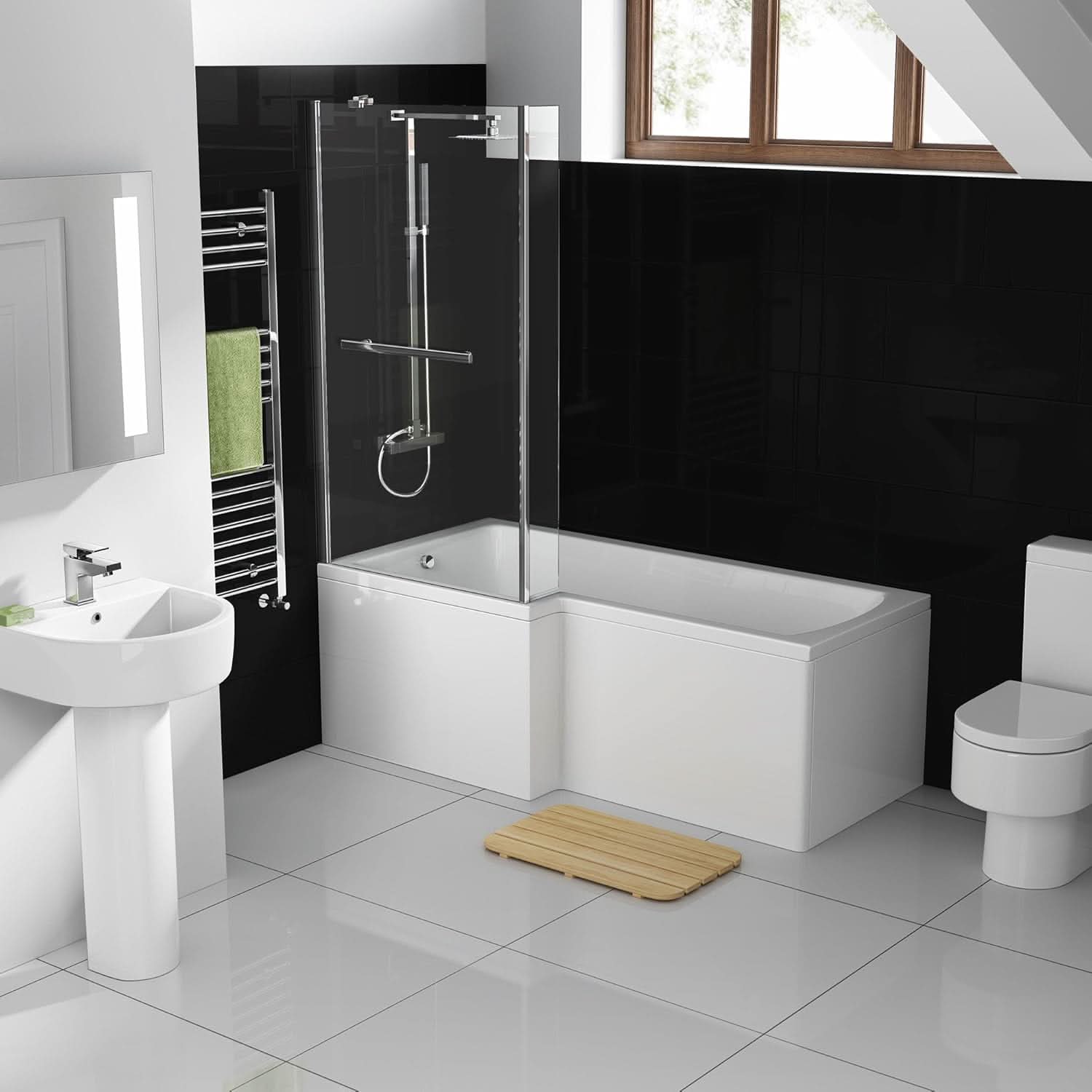 iBathUK Vault Left Hand L-Shaped Shower Bath, Modern Straight Acrylic Bathtub with Toughened Glass Shower Screen, L Shaped Bath Screen, 1700mm