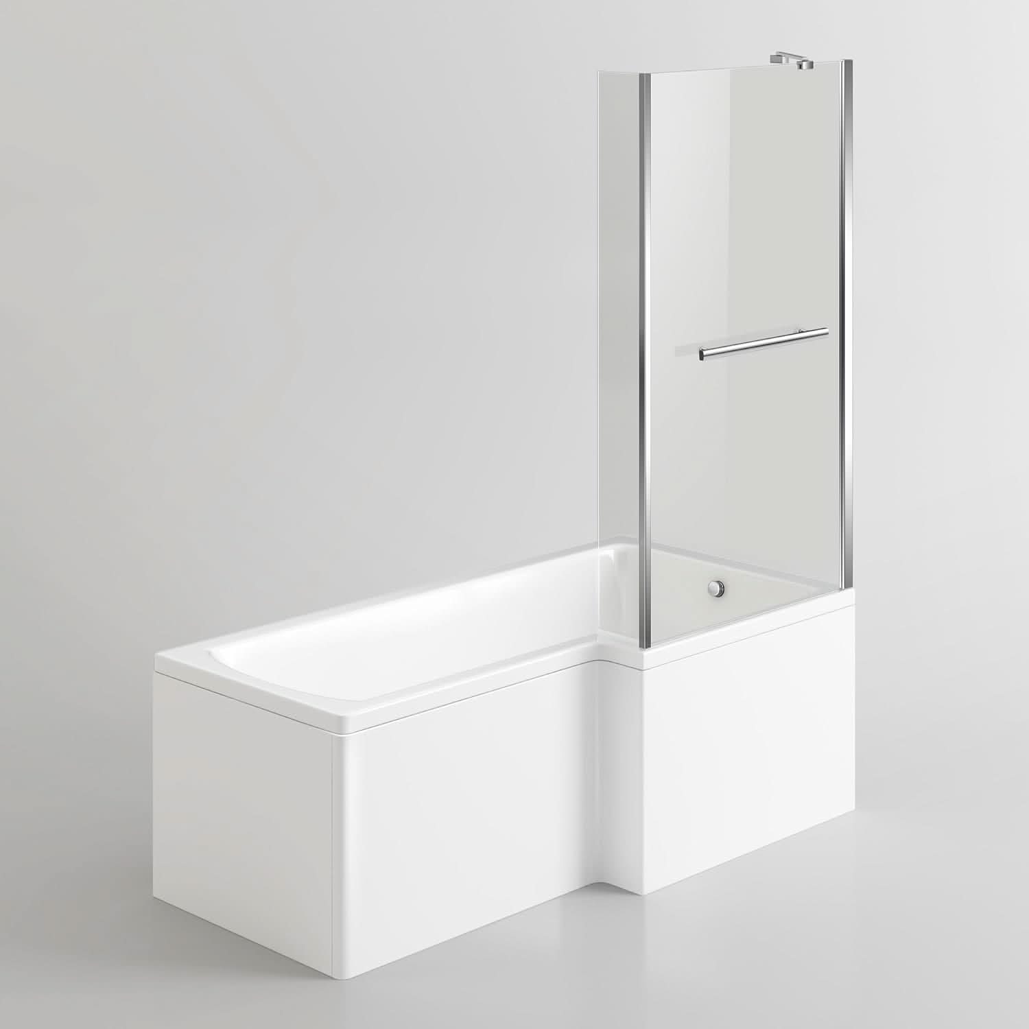 iBathUK Trace Right Hand L-Shaped Shower Bath, Modern Straight Acrylic Bathtub with Glass Screen & Matching Front Panel, L Shaped Bath Screen, 1700mm